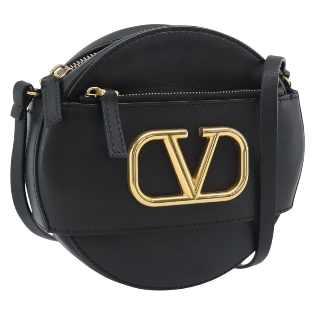 VALENTINO Black Leather Shoulder Bag with Gold Tone Hardware: VALENTINO Black Leather Shoulder Bag with Gold Tone Hardware Compact Valentino shoulder bag crafted in black leather with gold tone accents. Made in Italy, this women's bag has a structured silhouette