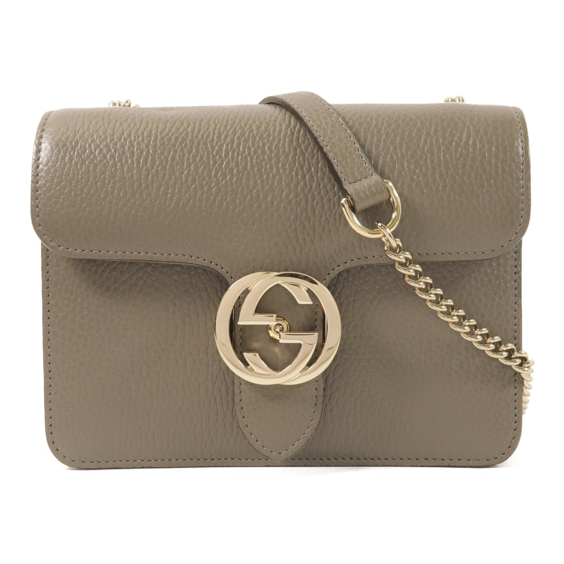 GUCCI 510304 calfskin shoulder bag gray with chain and Interlocking G: GUCCI 510304 calfskin shoulder bag gray with chain and Interlocking G A Gucci GG GHW Interlocking G Chain Shoulder Bag in gray calfskin leather. This women's shoulder bag features the Interlocking G d