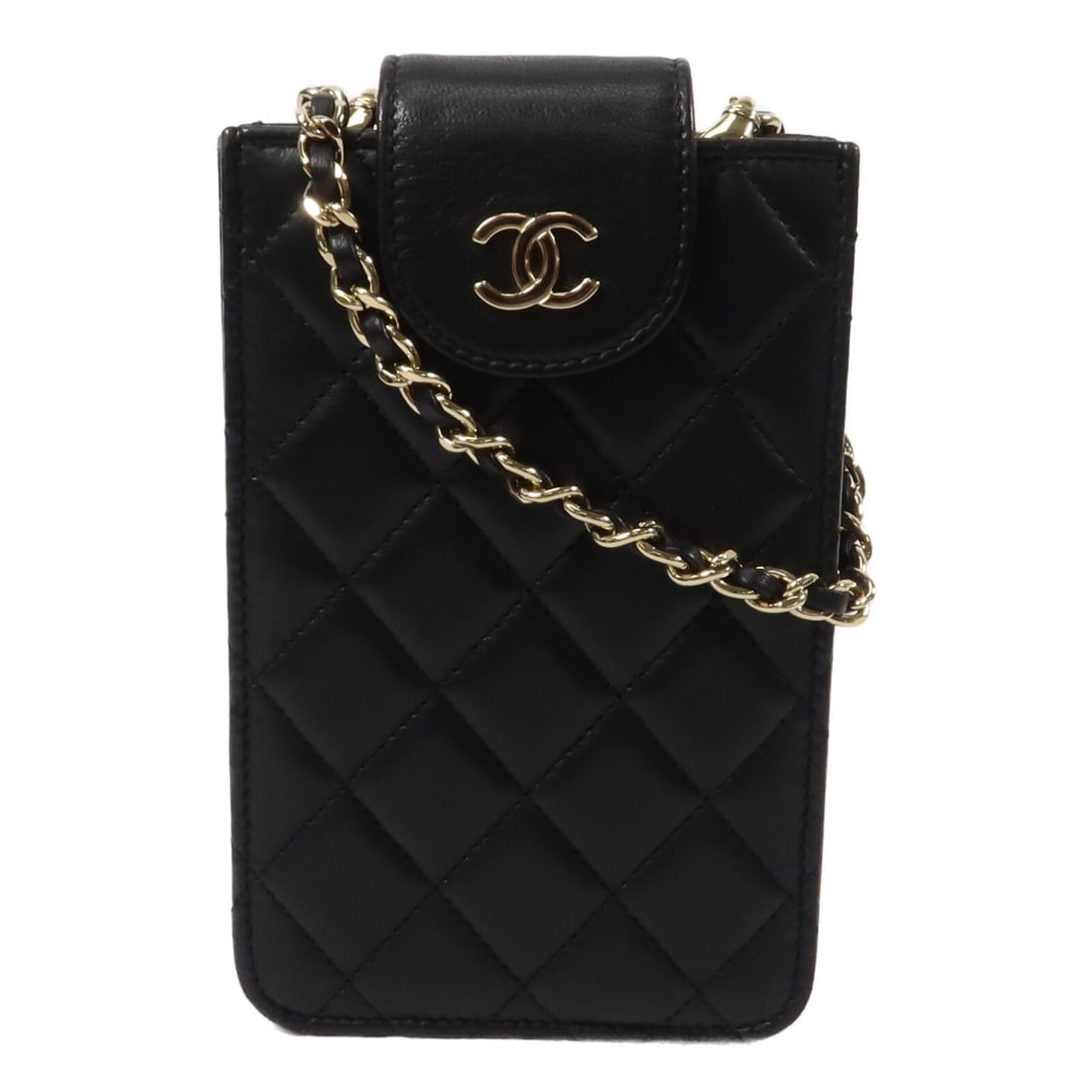 CHANEL CC Phone Holder Shoulder Bag Black Lambskin Chain Strap: CHANEL CC Phone Holder Shoulder Bag Black Lambskin Chain Strap Compact CHANEL phone holder shoulder bag in black lambskin leather with the CC motif and chain strap. This women's bag features a magneti