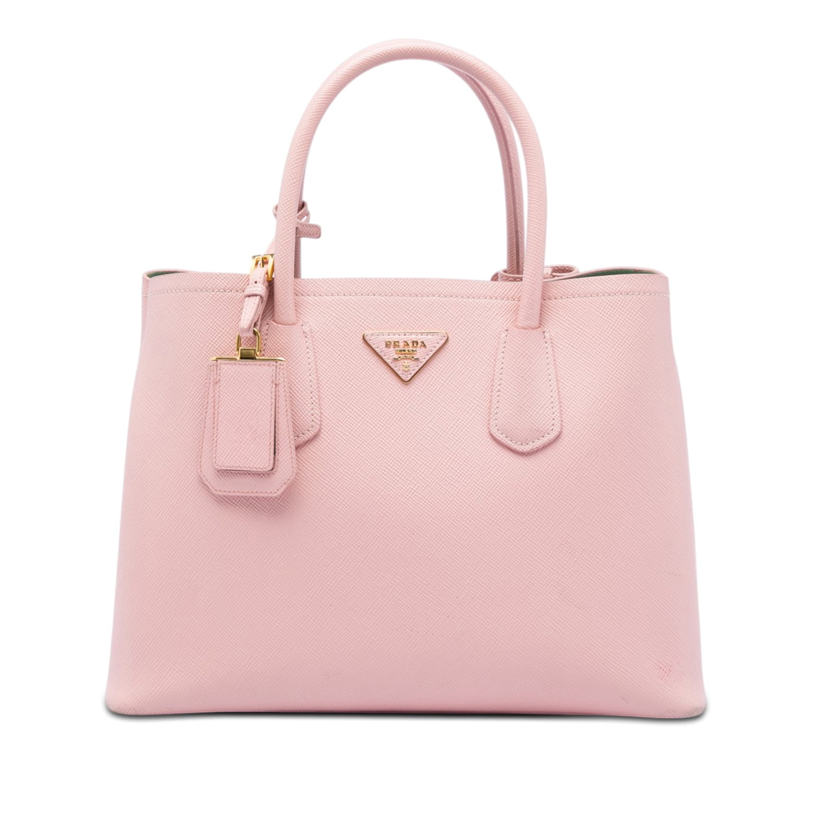 Prada Double Satchel Medium Saffiano Cuir Leather Bag Pink: Prada Double Satchel Medium Saffiano Cuir Leather Bag Pink Prada Medium Saffiano Cuir Double Satchel in pink leather with rolled leather handles, an open top, and an interior flap compartment. Made in