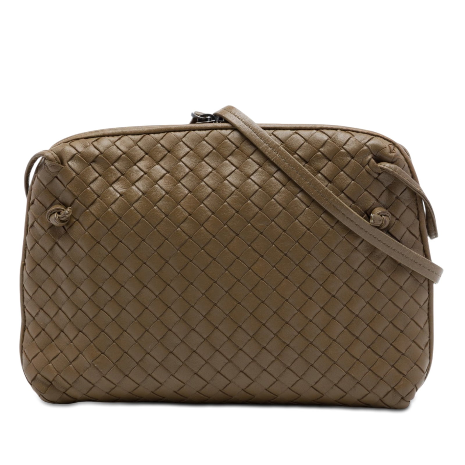 Bottega Veneta Nodini Intrecciato Nappa Leather Crossbody Bag: Bottega Veneta Nodini Intrecciato Nappa Leather Crossbody Bag Bottega Veneta Nappa Intrecciato Nodini crossbody bag in brown woven leather. This crossbody features a flat leather strap, top zip closur