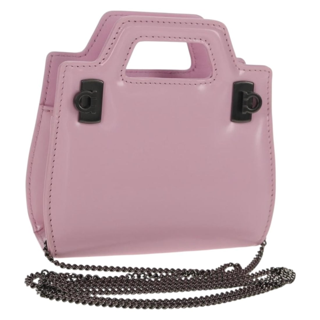 Salvatore Ferragamo Gancini 2way Shoulder Pouch Pink Enamel Chain: Salvatore Ferragamo Gancini 2way Shoulder Pouch Pink Enamel Chain Compact Salvatore Ferragamo shoulder pouch in pink enamel with the Chain Gancini design. This women's 2-way bag includes a dust bag an