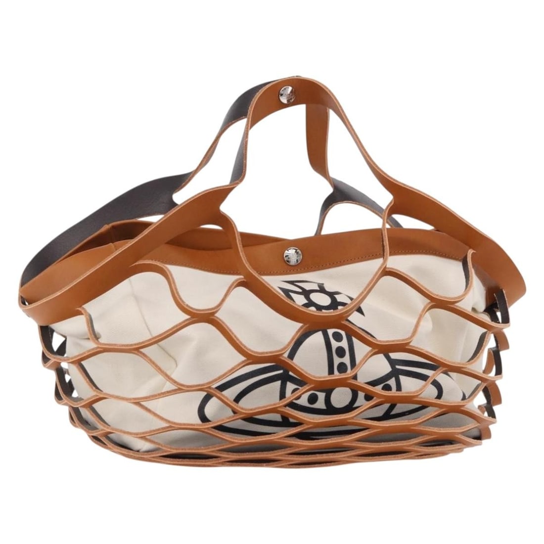 Vivienne Westwood Brown White Canvas Handbag Made in Italy: Vivienne Westwood Brown White Canvas Handbag Made in Italy Vivienne Westwood women's handbag in brown and white canvas. This Italy-made bag has a structured everyday silhouette with dual handles and a