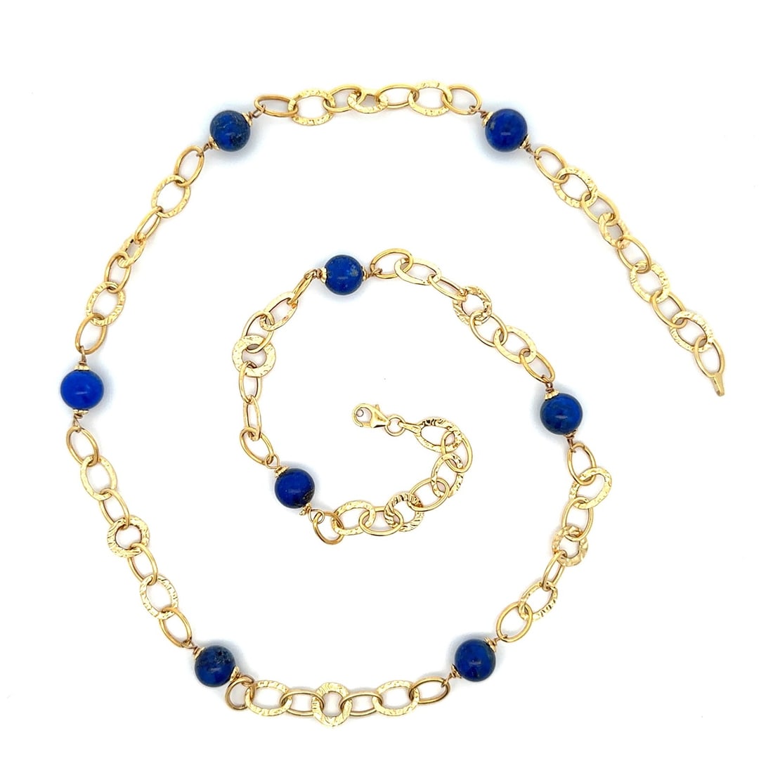 Unbranded 14k Yellow Gold 24 Inch Link Necklace with 8 Lapis Beads: Unbranded 14k Yellow Gold 24 Inch Link Necklace with 8 Lapis Beads Pre-owned 14k solid yellow gold chain necklace featuring a textured open link design with bead lapis stations. Set with eight natural