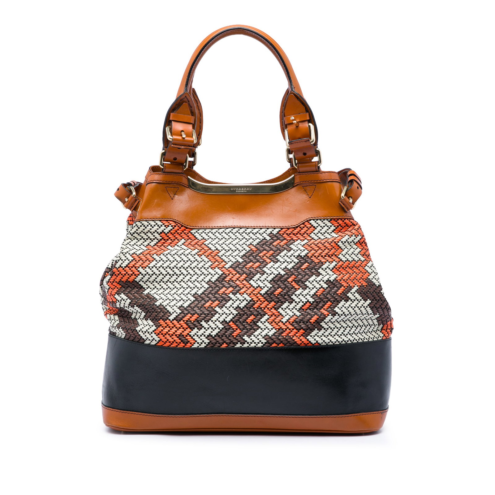 Burberry Prorsum orange leather tote bag with woven check: Burberry Prorsum orange leather tote bag with woven check Burberry Prorsum woven leather check tote in orange leather with rolled handles, an open top with magnetic snap closure, and an interior zip p