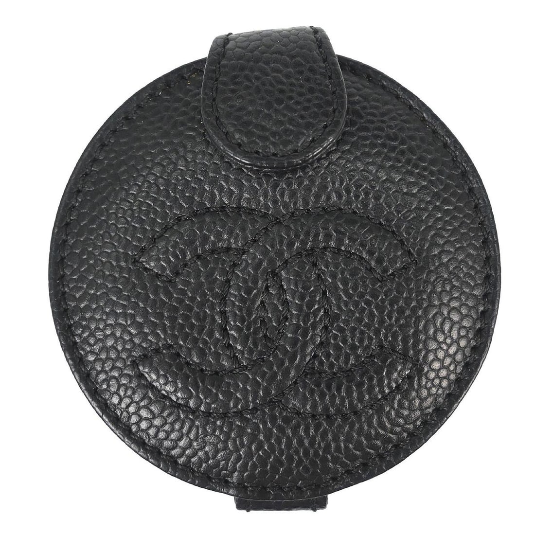 CHANEL Compact Mirror Black Calfskin Leather Italy: CHANEL Compact Mirror Black Calfskin Leather Italy Chanel compact mirror in black caviar skin leather with a small square form. Made in Italy, this piece includes the serial sticker, authenticity card