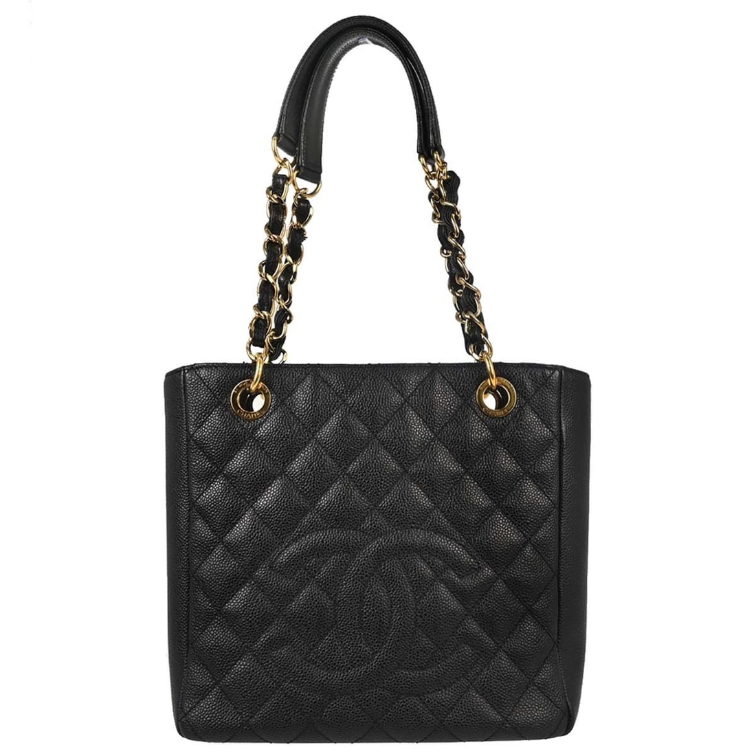 CHANEL Petite Shopping Tote black caviar leather chain bag: CHANEL Petite Shopping Tote black caviar leather chain bag Chanel Petite Shopping Tote PST chain handbag in black caviar skin leather with a quilted exterior and canvas lining. This women's medium tot