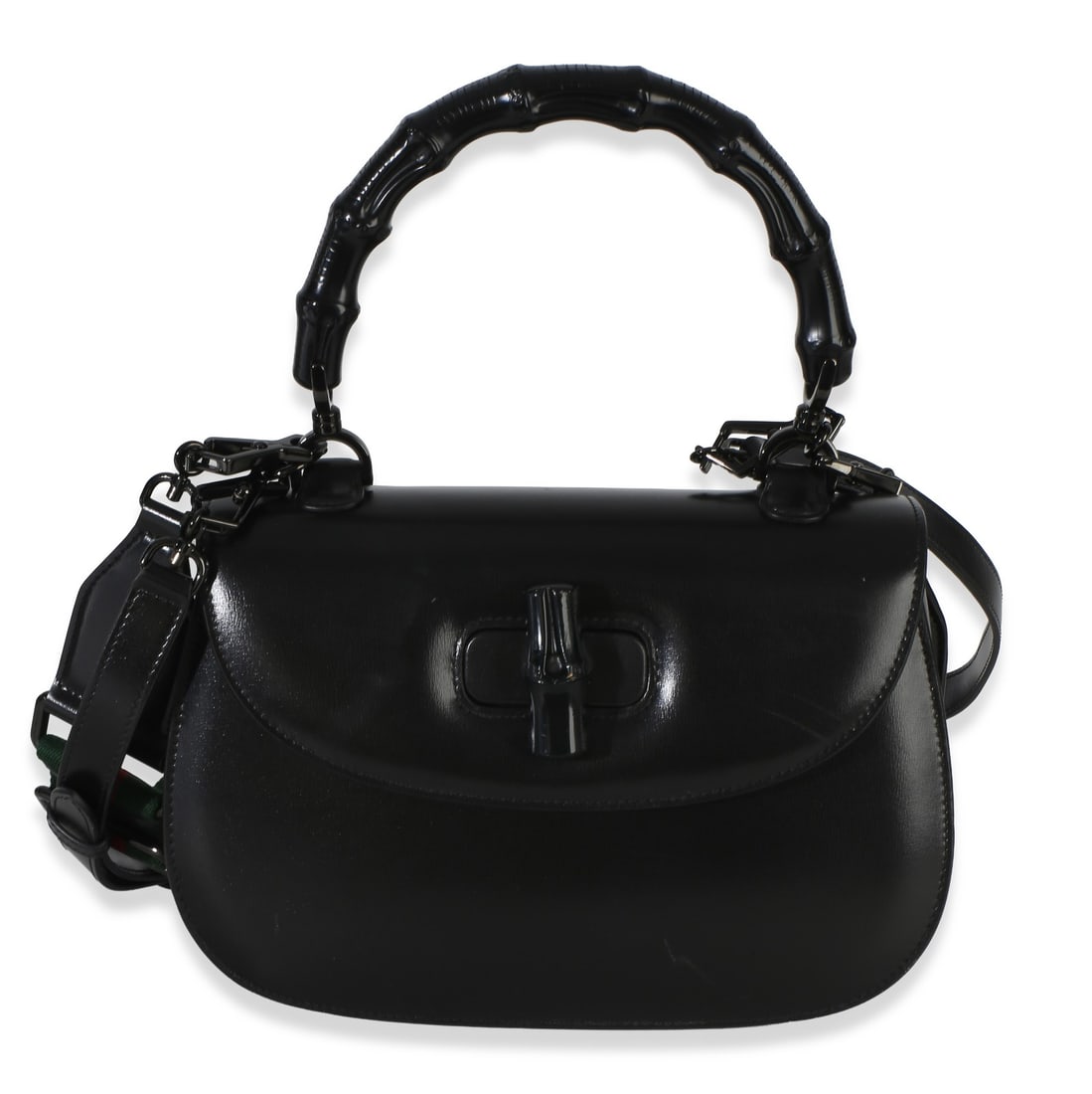 Gucci Medium Bamboo 1947 black leather top handle shoulder bag: Gucci Medium Bamboo 1947 black leather top handle shoulder bag Pre-owned Gucci Medium Bamboo 1947 top handle bag in black leather with a monochrome look. This medium-size bag features a turnlock closu