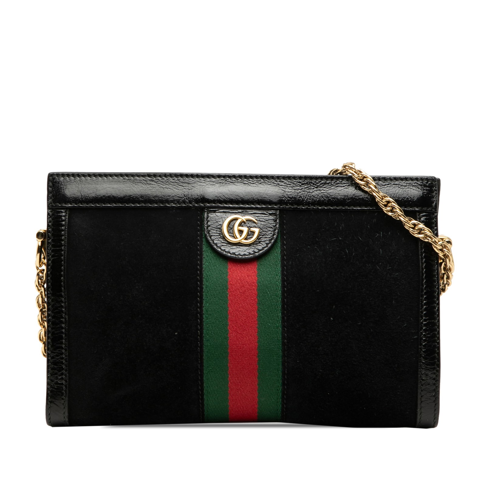 Gucci Ophidia Small Chain Crossbody Bag in Black Suede: Gucci Ophidia Small Chain Crossbody Bag in Black Suede Gucci Ophidia small crossbody bag crafted with a suede body and leather trim. It features a gold-tone chain shoulder strap, magnetic top closures