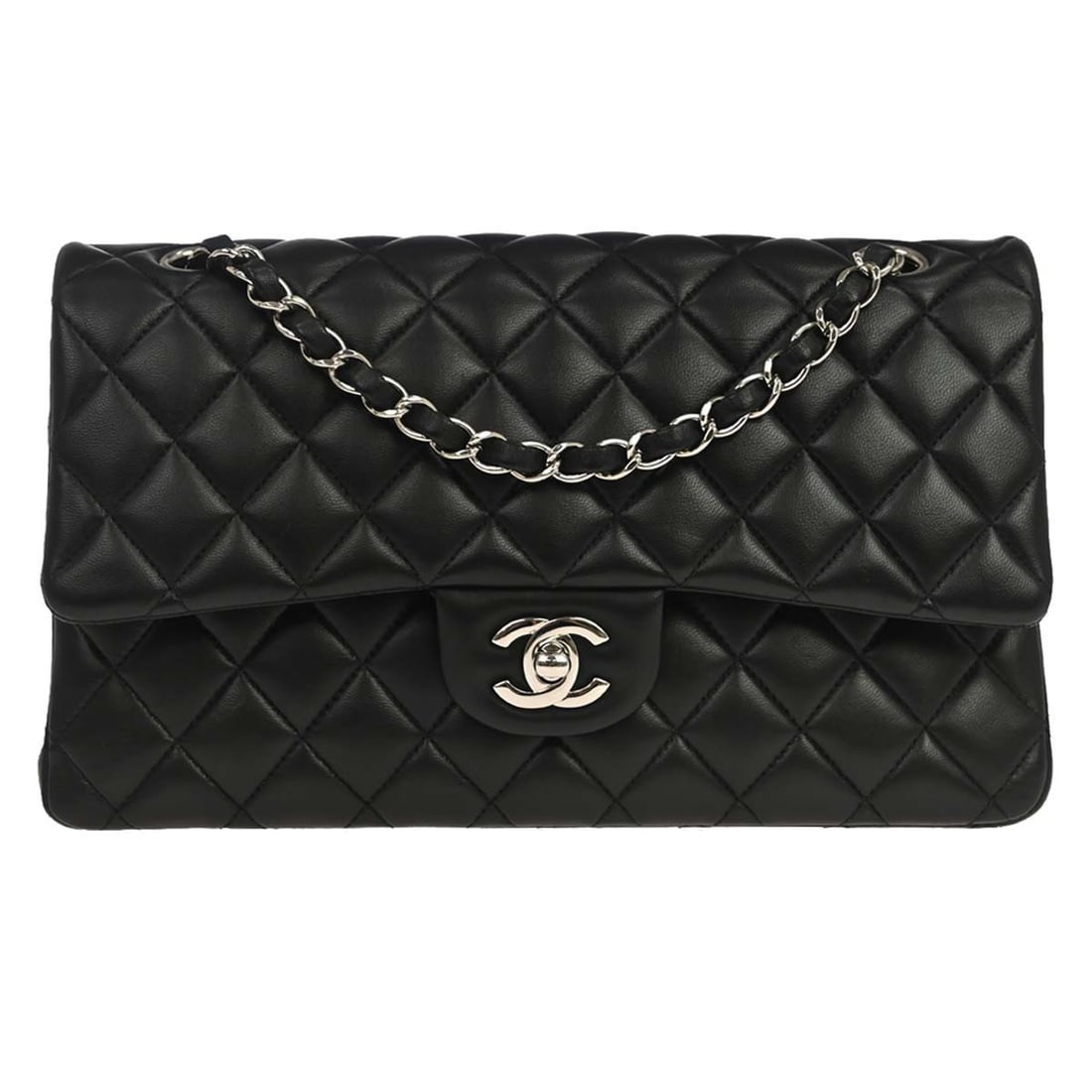CHANEL Classic Double Flap Medium Lambskin Shoulder Bag Black: CHANEL Classic Double Flap Medium Lambskin Shoulder Bag Black Chanel Medium Classic Double Flap shoulder bag in black lambskin leather with a turn-lock closure and shoulder strap. The bag features one