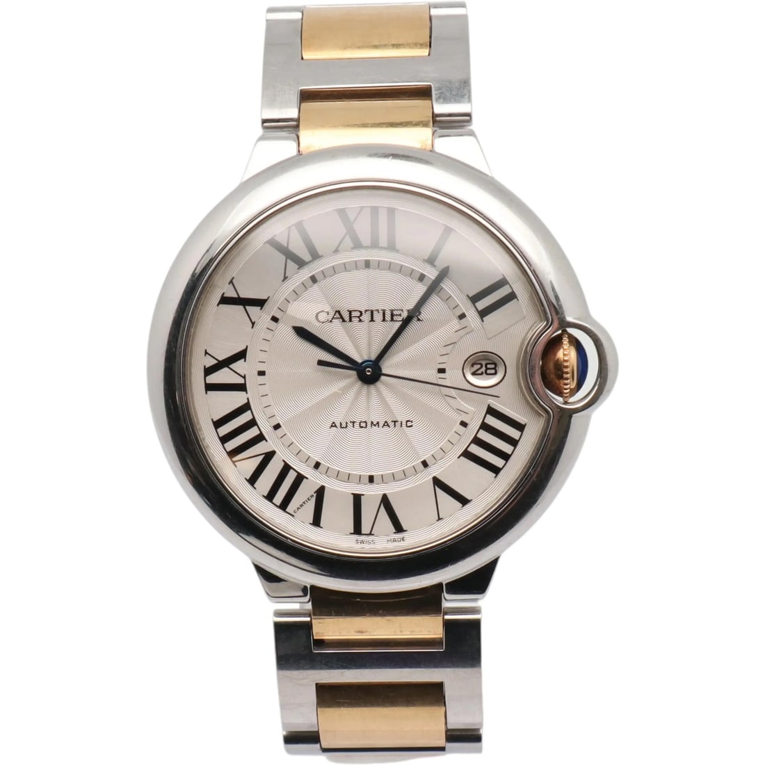 Cartier Ballon Bleu Mens 42mm Automatic Silver Dial Two-Tone Gold Steel Watch: Cartier Ballon Bleu Mens 42mm Automatic Silver Dial Two-Tone Gold Steel Watch This Cartier Ballon Bleu men's wristwatch features a 42 mm round case crafted from stainless steel, accented with yellow g