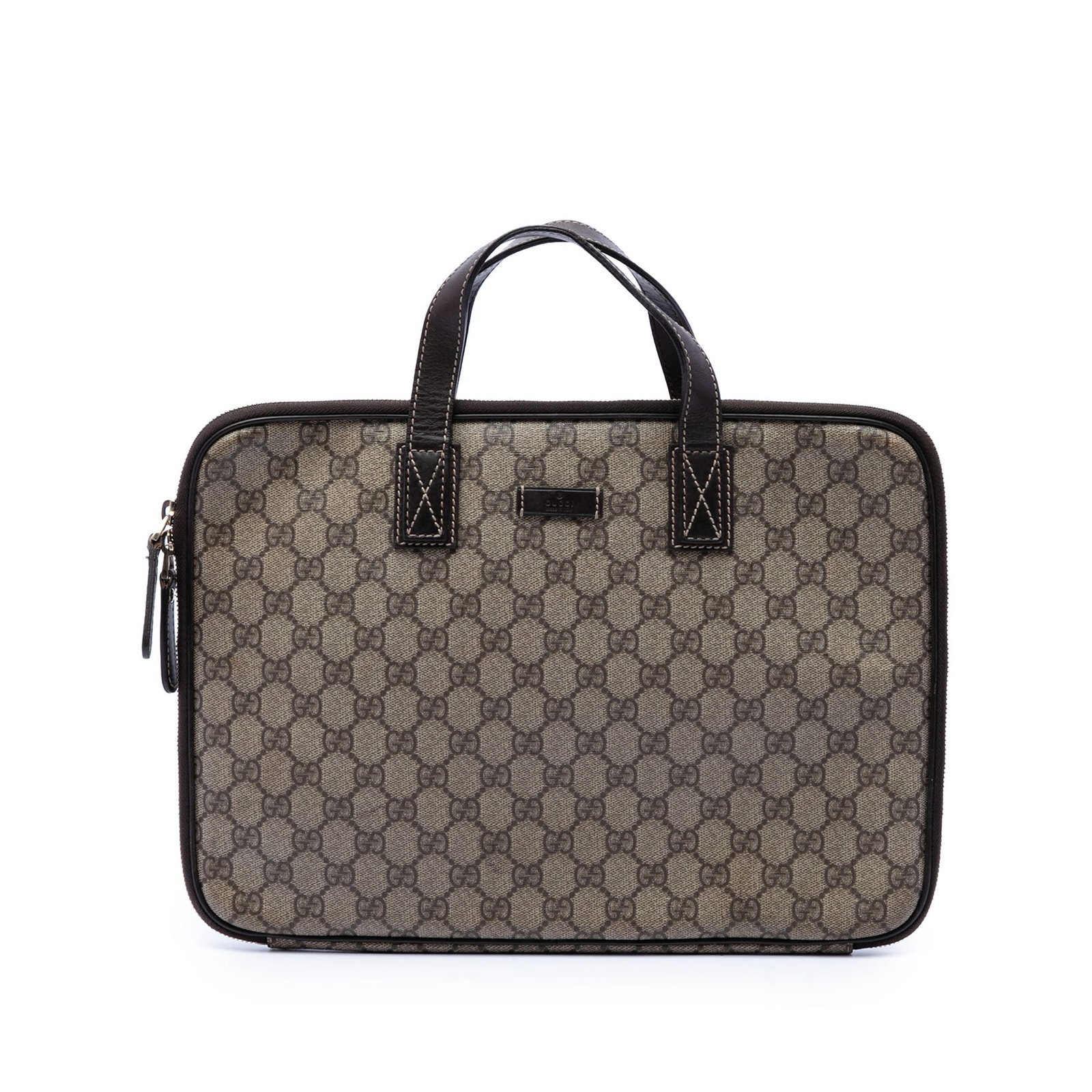 Gucci GG Supreme coated canvas laptop business bag: Gucci GG Supreme coated canvas laptop business bag Gucci GG Supreme laptop bag with a coated canvas body, flat leather handles, and a zip-around closure. Made in Italy, this business bag is finished i