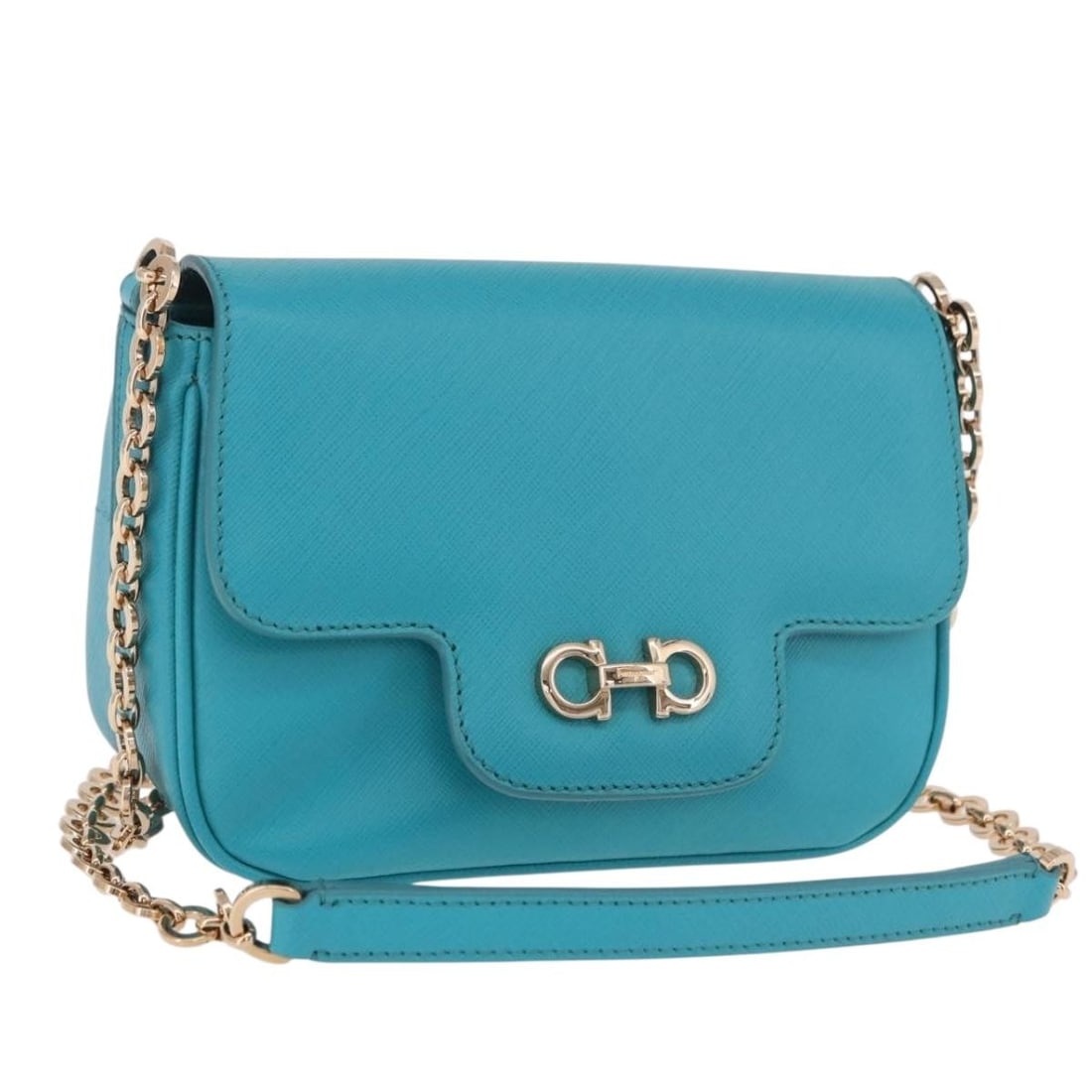 Salvatore Ferragamo Gancini Leather Shoulder Bag Turquoise Blue Gold Tone: Salvatore Ferragamo Gancini Leather Shoulder Bag Turquoise Blue Gold Tone Salvatore Ferragamo Gancini Chain Shoulder Bag in leather, presented in turquoise blue with gold-tone hardware. This shoulder 