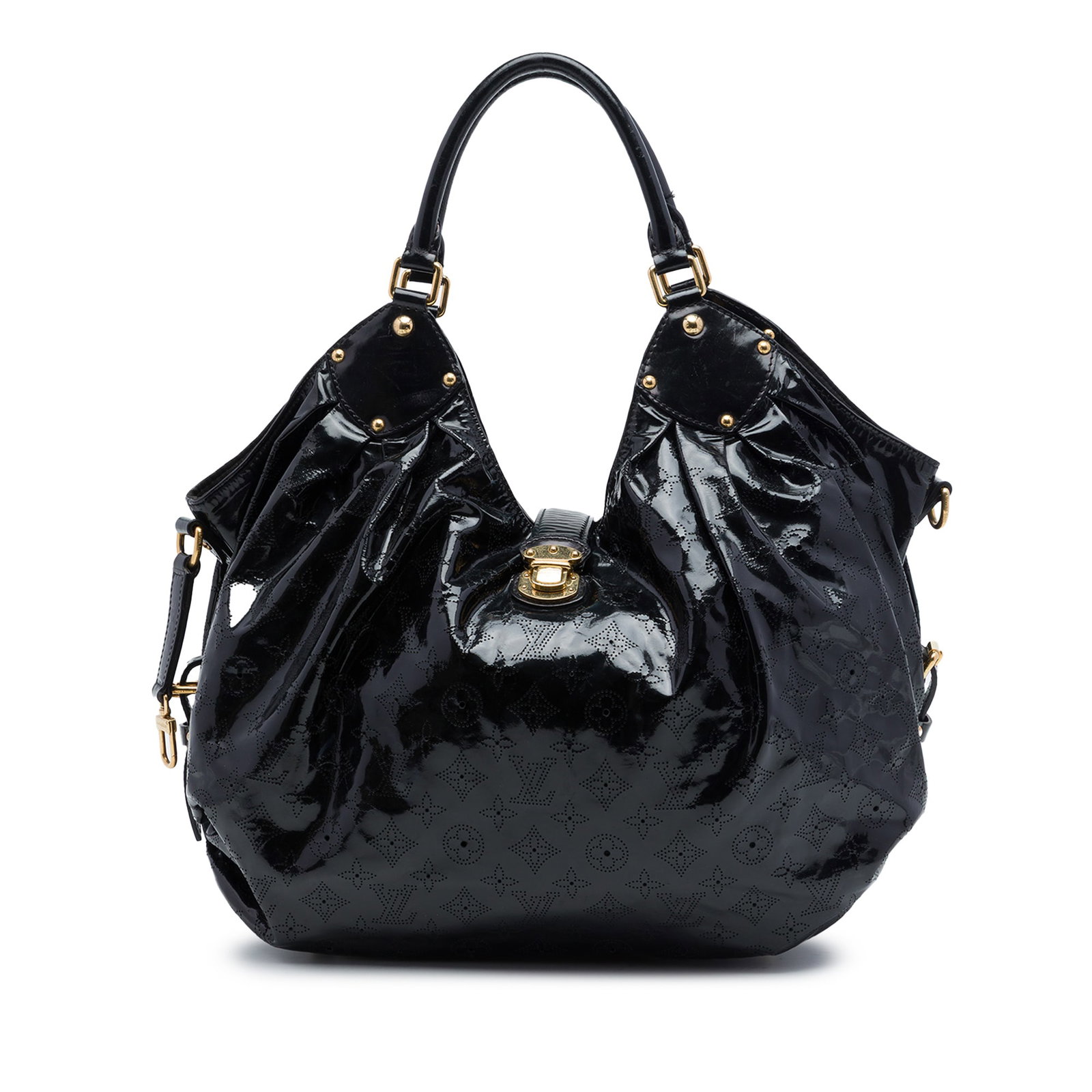 Louis Vuitton Surya XL hobo in black Monogram Vernis Mahina leather: Louis Vuitton Surya XL hobo in black Monogram Vernis Mahina leather Louis Vuitton Monogram Vernis Mahina Surya XL hobo bag in black leather. This bag features rolled handles, an open top with a flat s