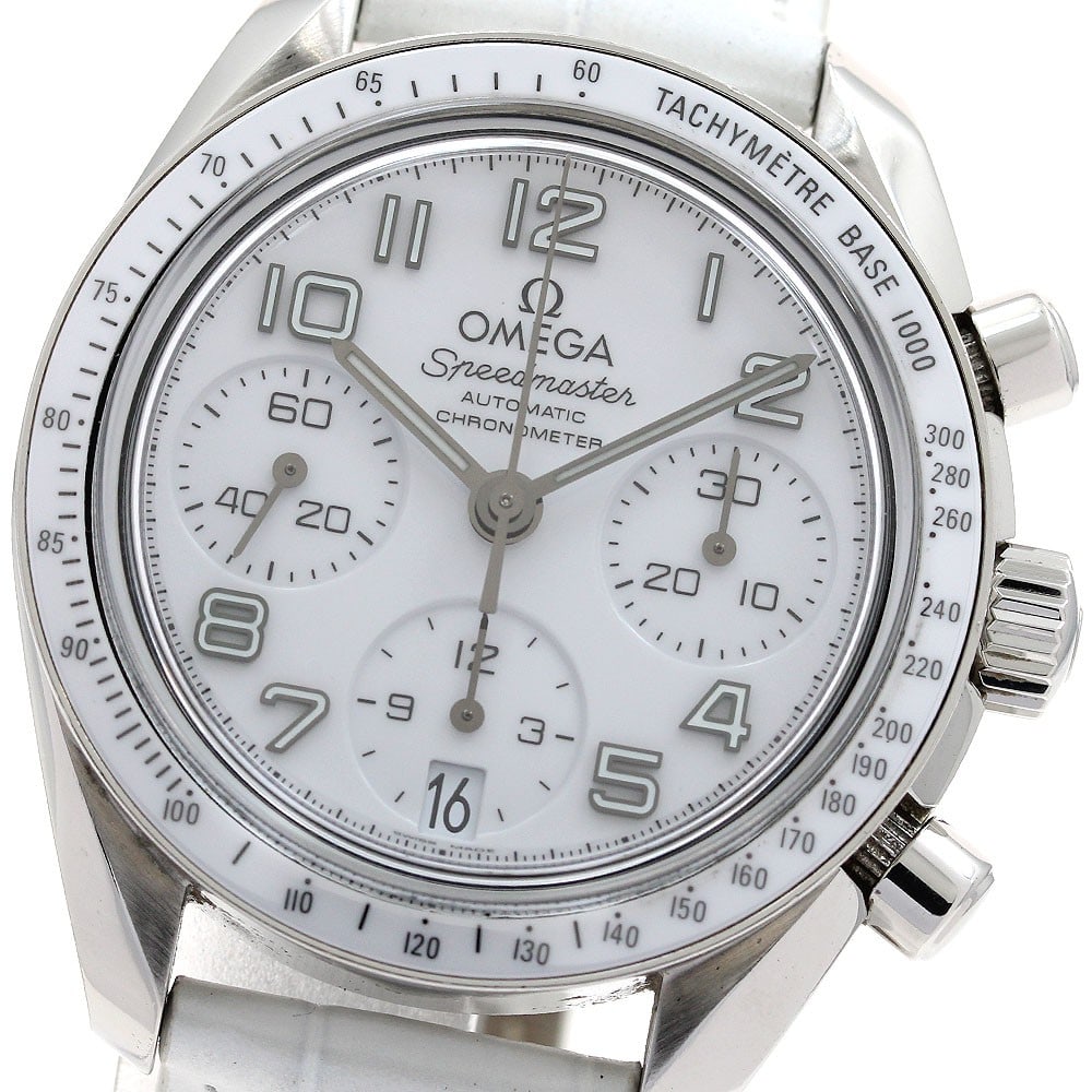 OMEGA Speedmaster 324.33.38.40.04.001 ladies chronograph watch: OMEGA Speedmaster 324.33.38.40.04.001 ladies chronograph watch Pre-owned OMEGA Speedmaster Date chronograph ladies wristwatch with a white dial and automatic movement. This watch features a stainless 