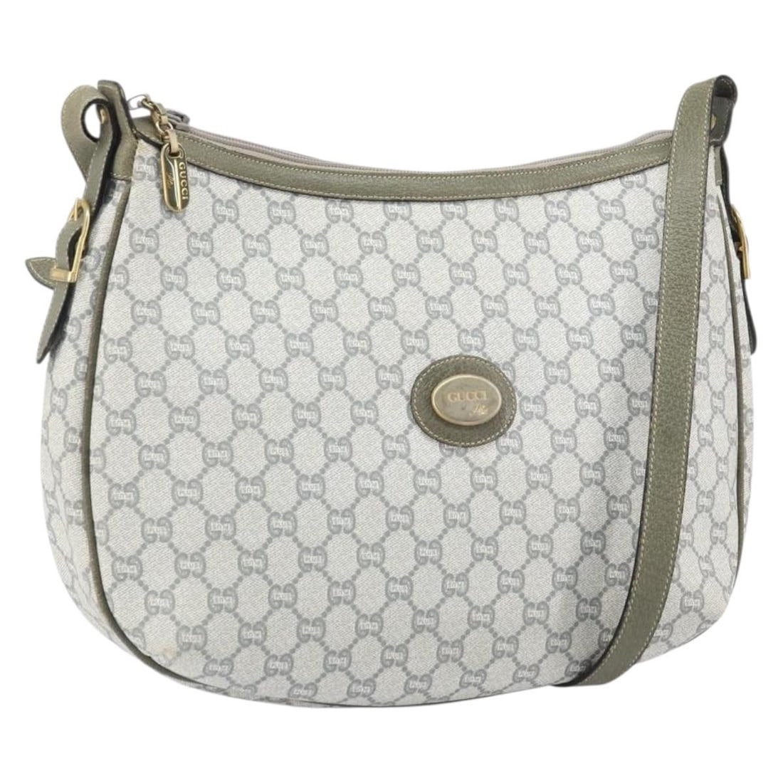 Gucci GG Supreme Gray Gold PVC Leather Women's Shoulder Bag Italy: Gucci GG Supreme Gray Gold PVC Leather Women's Shoulder Bag Italy This is a Gucci GG Plus Supreme shoulder bag crafted from PVC leather and GG canvas in a gray and gold color scheme. Made in Italy, th