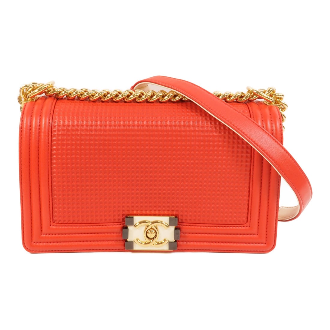CHANEL Boy 25 Red Calfskin Chain Shoulder Bag Gold Tone CC: CHANEL Boy 25 Red Calfskin Chain Shoulder Bag Gold Tone CC Chanel Boy Waffle chain shoulder bag in red calfskin leather with CC GHW styling. This women's shoulder bag features a flap design with an op