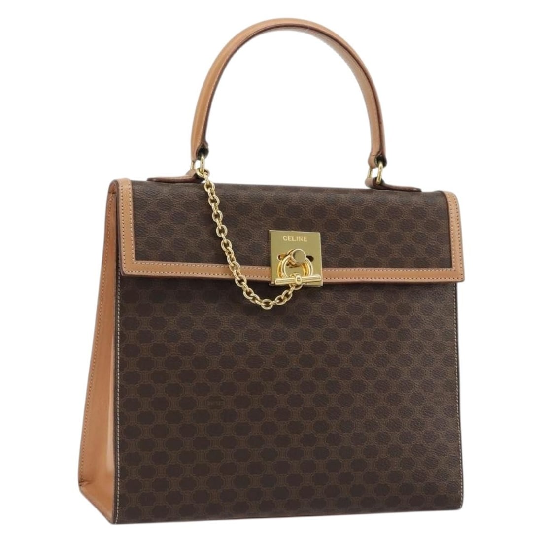 CELINE Macadam Brown PVC Leather Handbag Gold Tone: CELINE Macadam Brown PVC Leather Handbag Gold Tone Celine Macadam canvas hand bag in brown with gold-tone accents, crafted with PVC leather trim. Made in Italy, this women's handbag shows reasonable w