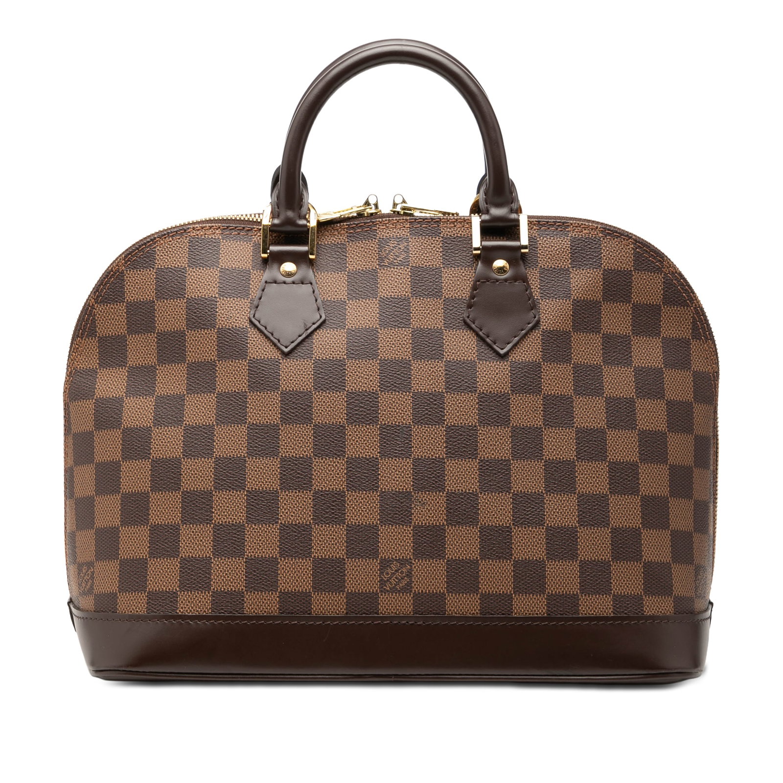 Louis Vuitton Alma PM Brown Damier Ebene Handbag: Louis Vuitton Alma PM Brown Damier Ebene Handbag This Louis Vuitton Alma PM is crafted in Damier Ebene canvas with a leather bottom and trim. It features rolled leather handles, a top zip closure, and