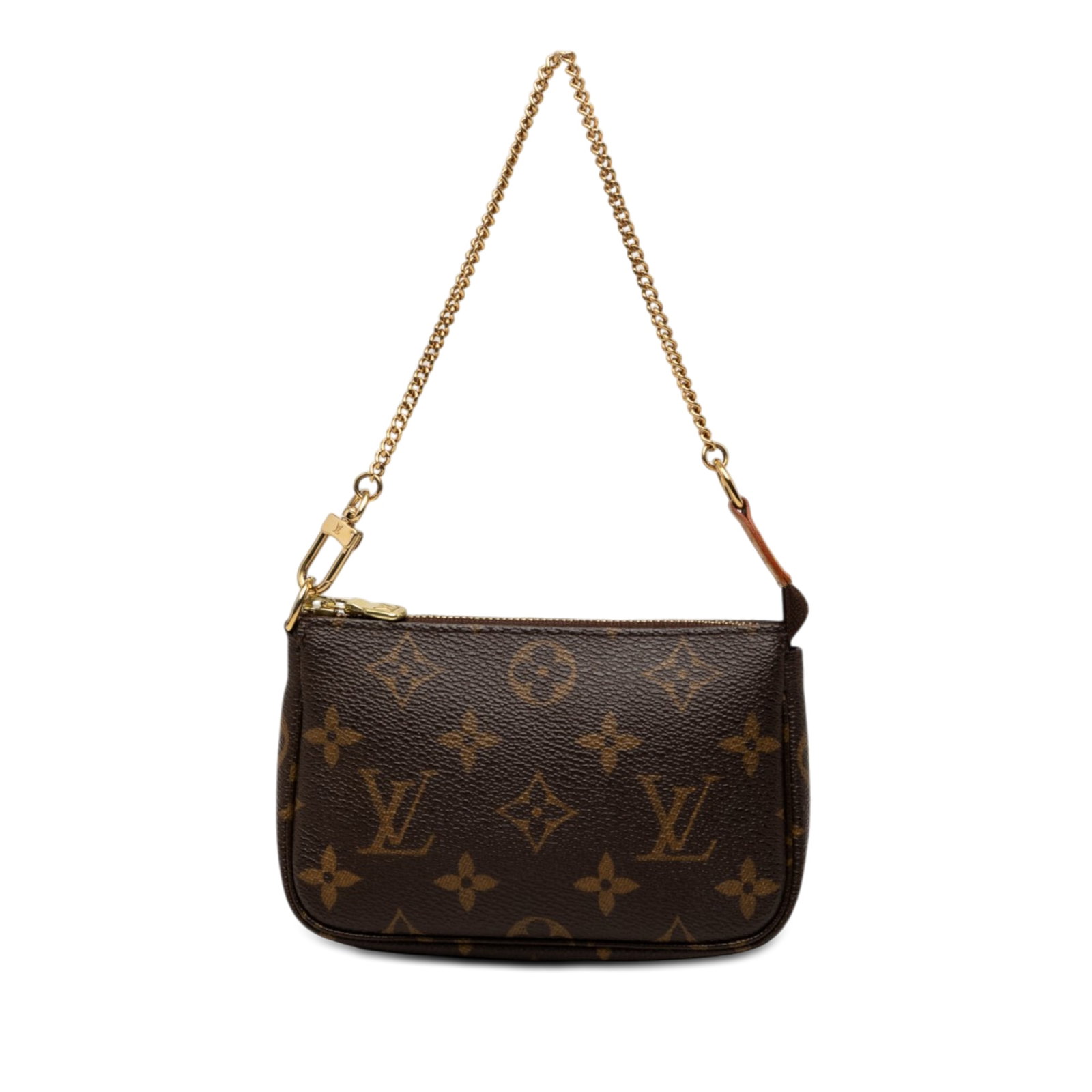 Louis Vuitton Monogram Mini Pochette Bag with Chain Strap: Louis Vuitton Monogram Mini Pochette Bag with Chain Strap Compact Louis Vuitton Mini Pochette Accessoires crafted in monogram canvas with a gold-tone chain strap and top zip closure. Made in France. C