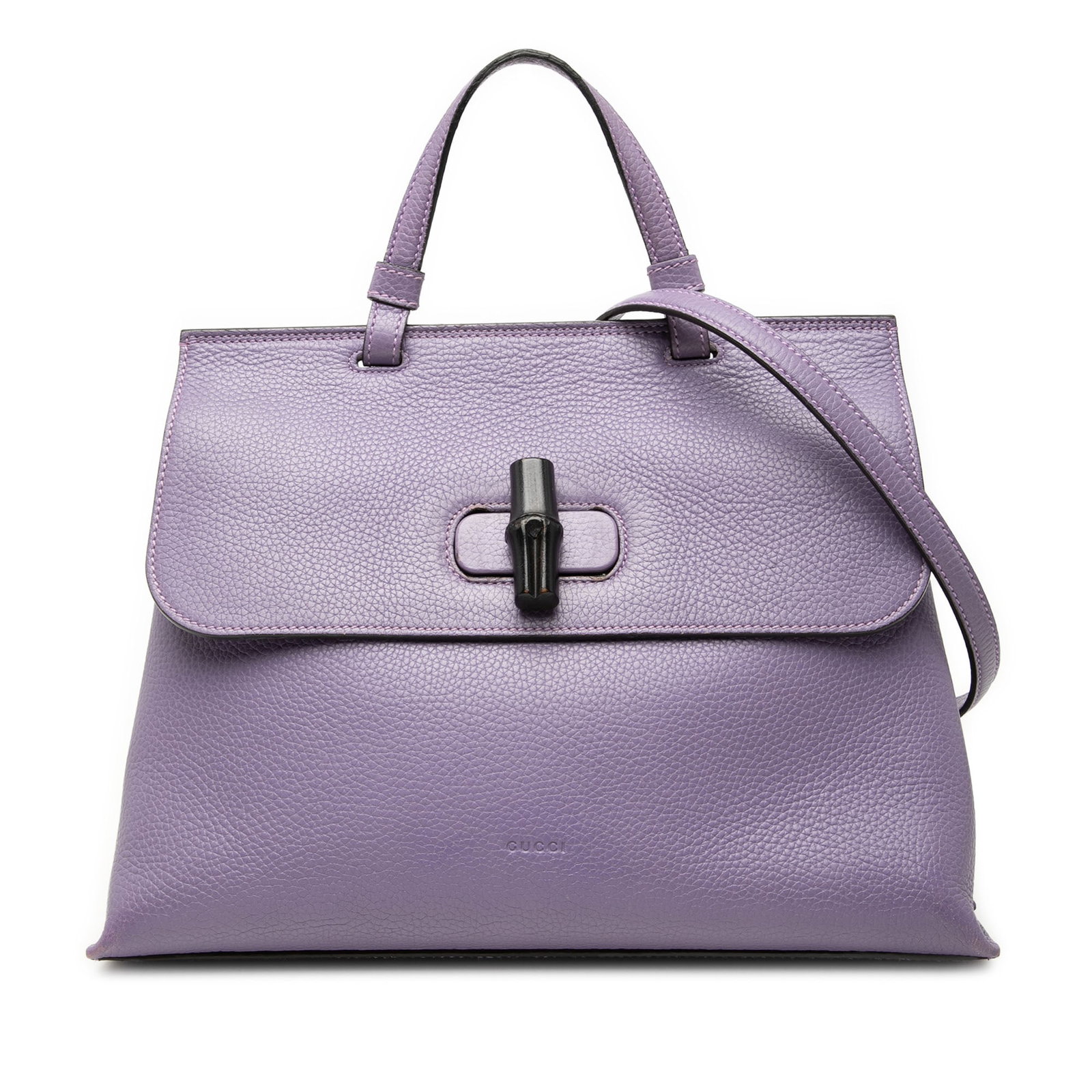 Gucci Bamboo Daily Medium Calfskin Leather Satchel Purple: Gucci Bamboo Daily Medium Calfskin Leather Satchel Purple Gucci Medium Calfskin Bamboo Daily Satchel in purple leather with a flat top handle, detachable flat leather strap, and a front flap with bamb