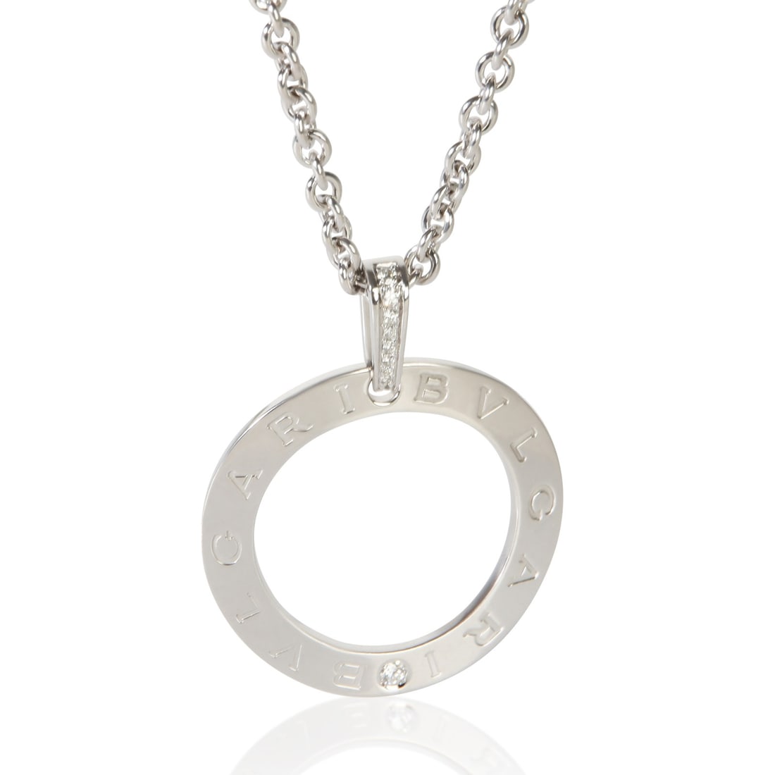 BVLGARI Bvlgari Bvlgari Circle 18k White Gold Diamond Pendant: BVLGARI Bvlgari Bvlgari Circle 18k White Gold Diamond Pendant Pre-owned BVLGARI Bvlgari Bvlgari Circle pendant crafted in 18k white gold and accented with diamonds. This unisex pendant features the si