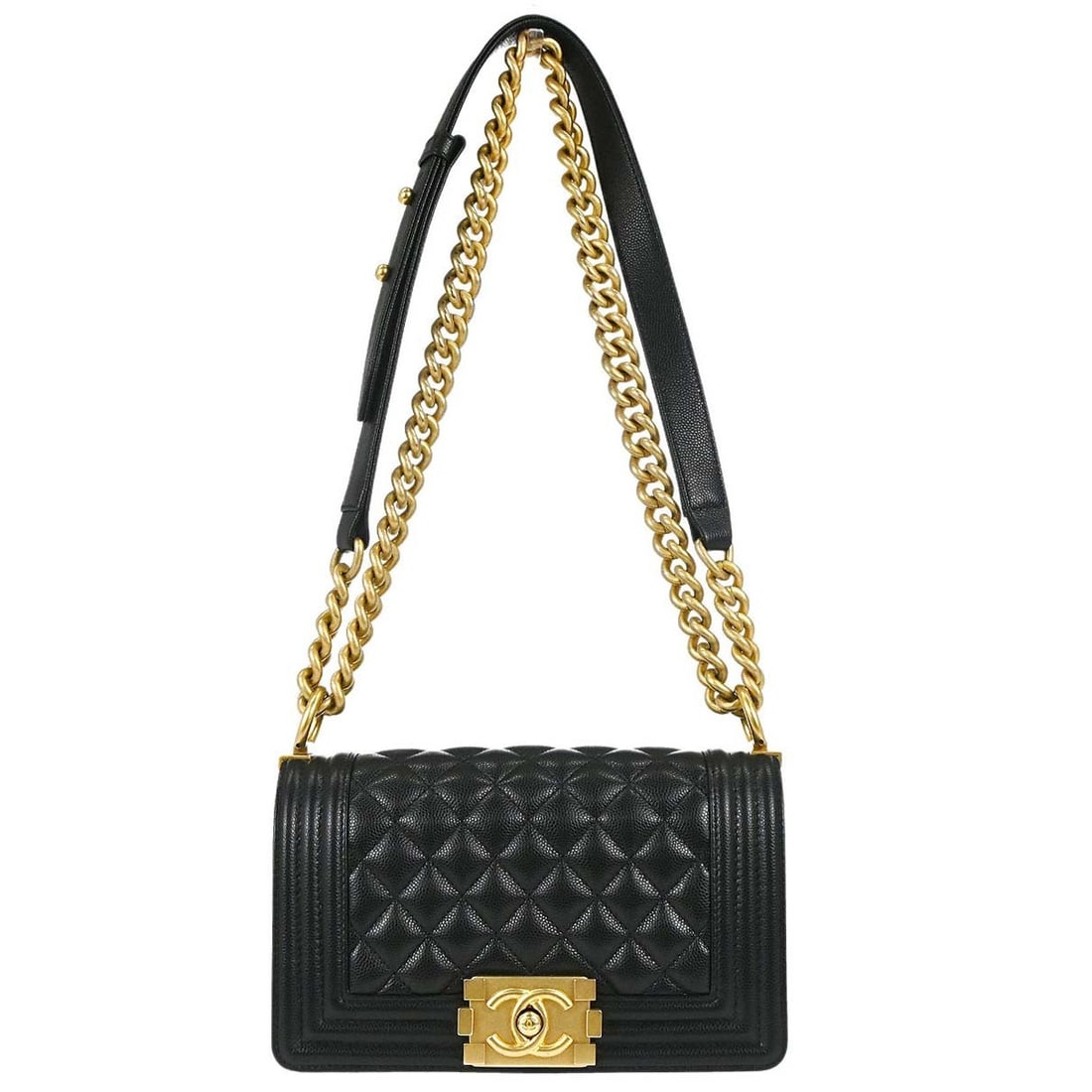 CHANEL Boy Chanel Mini Shoulder Bag Black Caviar Leather Chain Strap: CHANEL Boy Chanel Mini Shoulder Bag Black Caviar Leather Chain Strap Boy Chanel small chain shoulder bag in black caviar skin leather with a clasp flap closure, chain shoulder strap, fabric lining, an