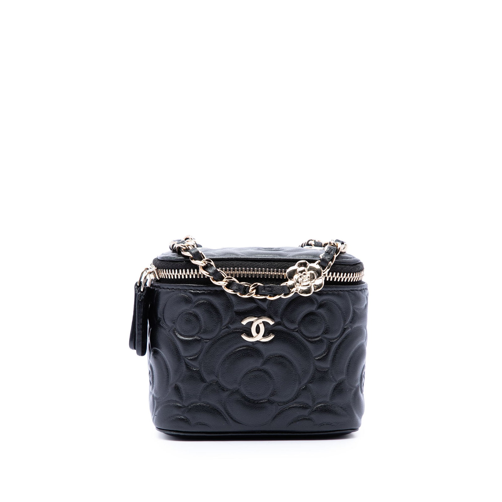 Black Lambskin Crossbody Bag Chanel Mini Camellia Vanity Case: Black Lambskin Crossbody Bag Chanel Mini Camellia Vanity Case Chanel Mini Camellia Embossed Lambskin Vanity Case With Chain in black leather. This crossbody bag features an embossed lambskin body, a l