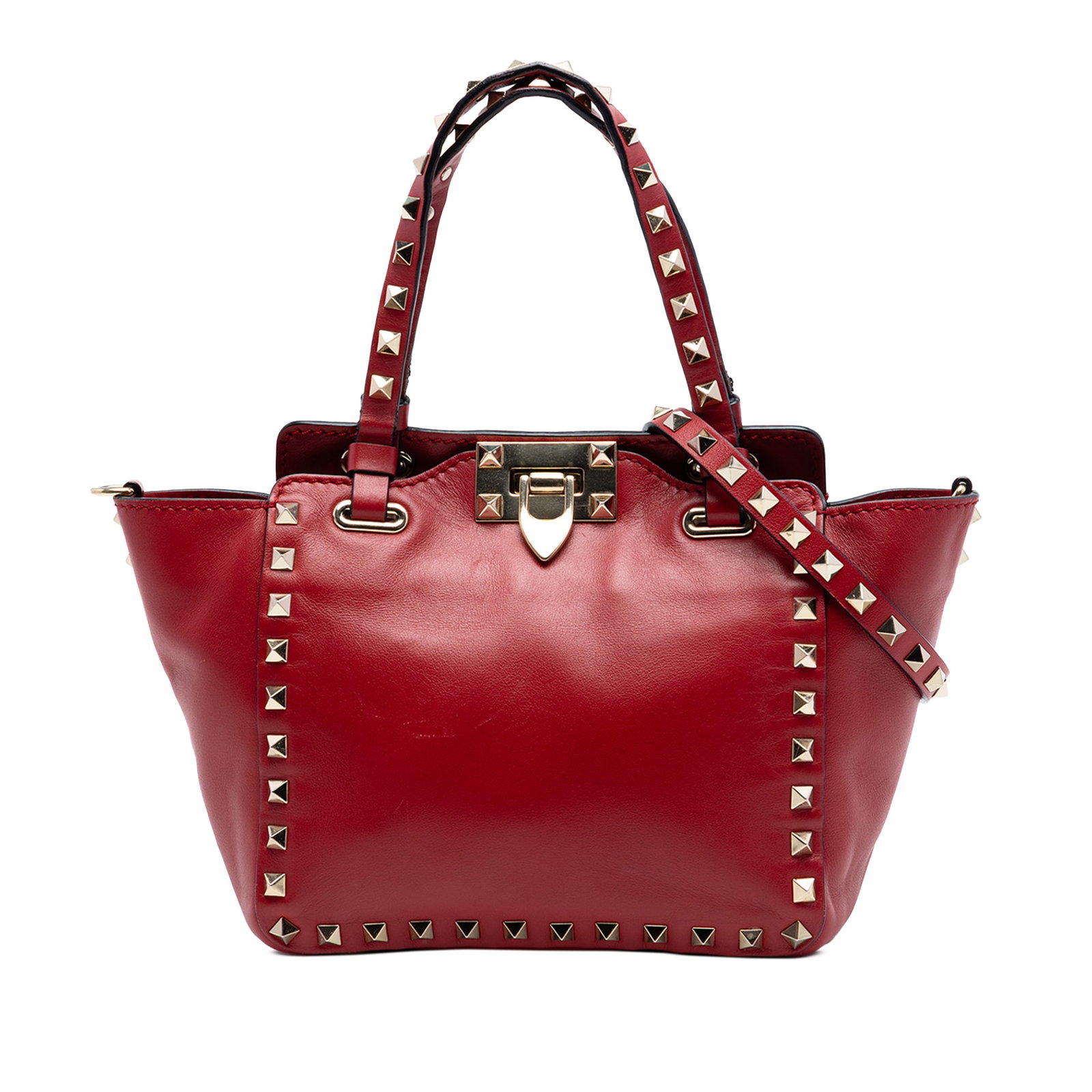 Valentino Rockstud red leather mini satchel: Valentino Rockstud red leather mini satchel This Valentino Mini Leather Rockstud Satchel is crafted from red leather and features signature stud embellishments on the body, handles, and detachable str