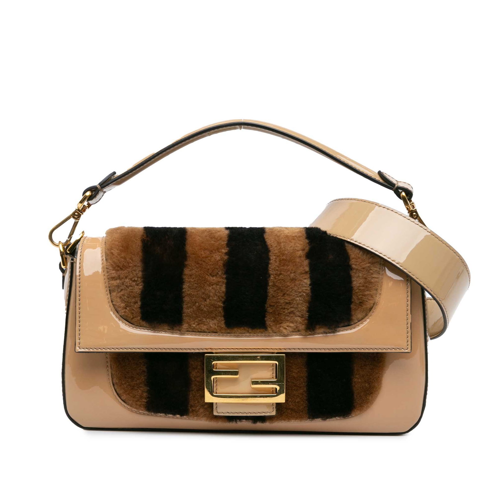 Fendi Shearling Pequin Baguette Satchel Brown Luxury Bag: Fendi Shearling Pequin Baguette Satchel Brown Luxury Bag The Fendi Shearling Pequin Baguette Satchel is a stylish blend of luxury and practicality. Crafted from soft shearling with elegant patent leat