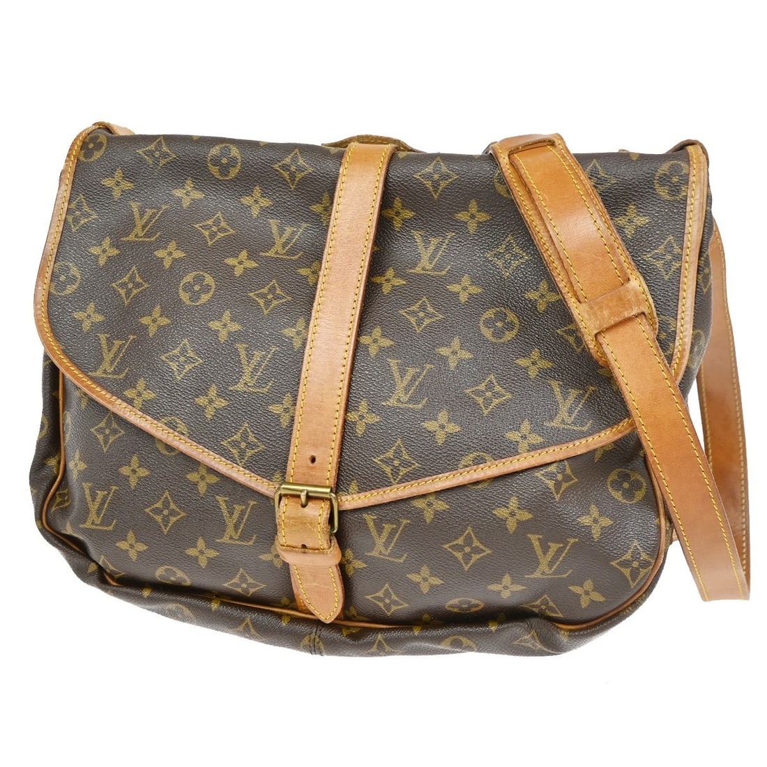 Louis Vuitton Saumur unisex brown canvas shoulder bag: Louis Vuitton Saumur unisex brown canvas shoulder bag Louis Vuitton Saumur monogram bag in brown canvas. This unisex piece is made in France and is presented in fair condition, with visible wear throu