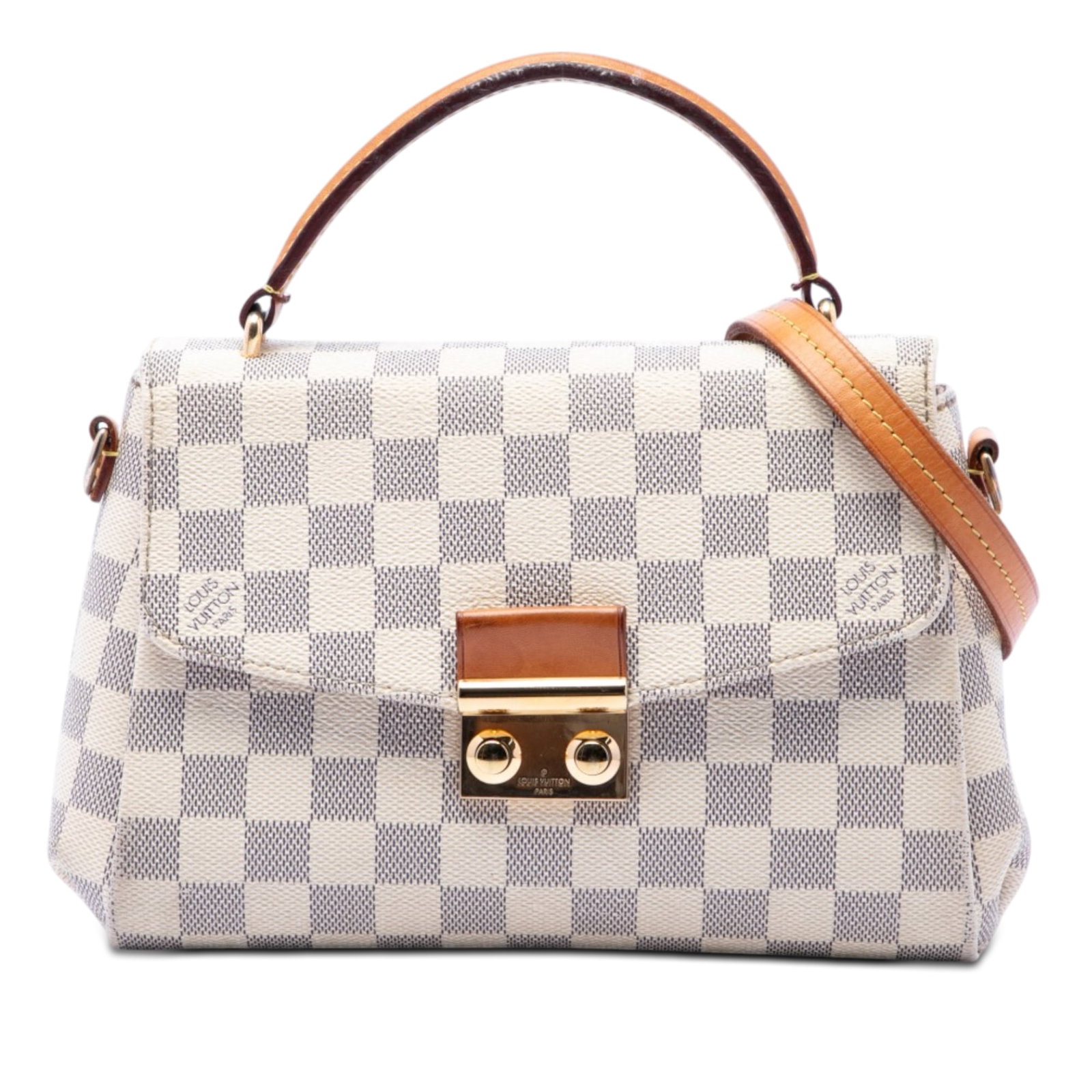Louis Vuitton Croisette Damier Azur shoulder bag: Louis Vuitton Croisette Damier Azur shoulder bag Louis Vuitton Damier Azur Croisette bag in white Damier canvas with vachetta leather trim. It features a flat vachetta leather top handle, a detachable