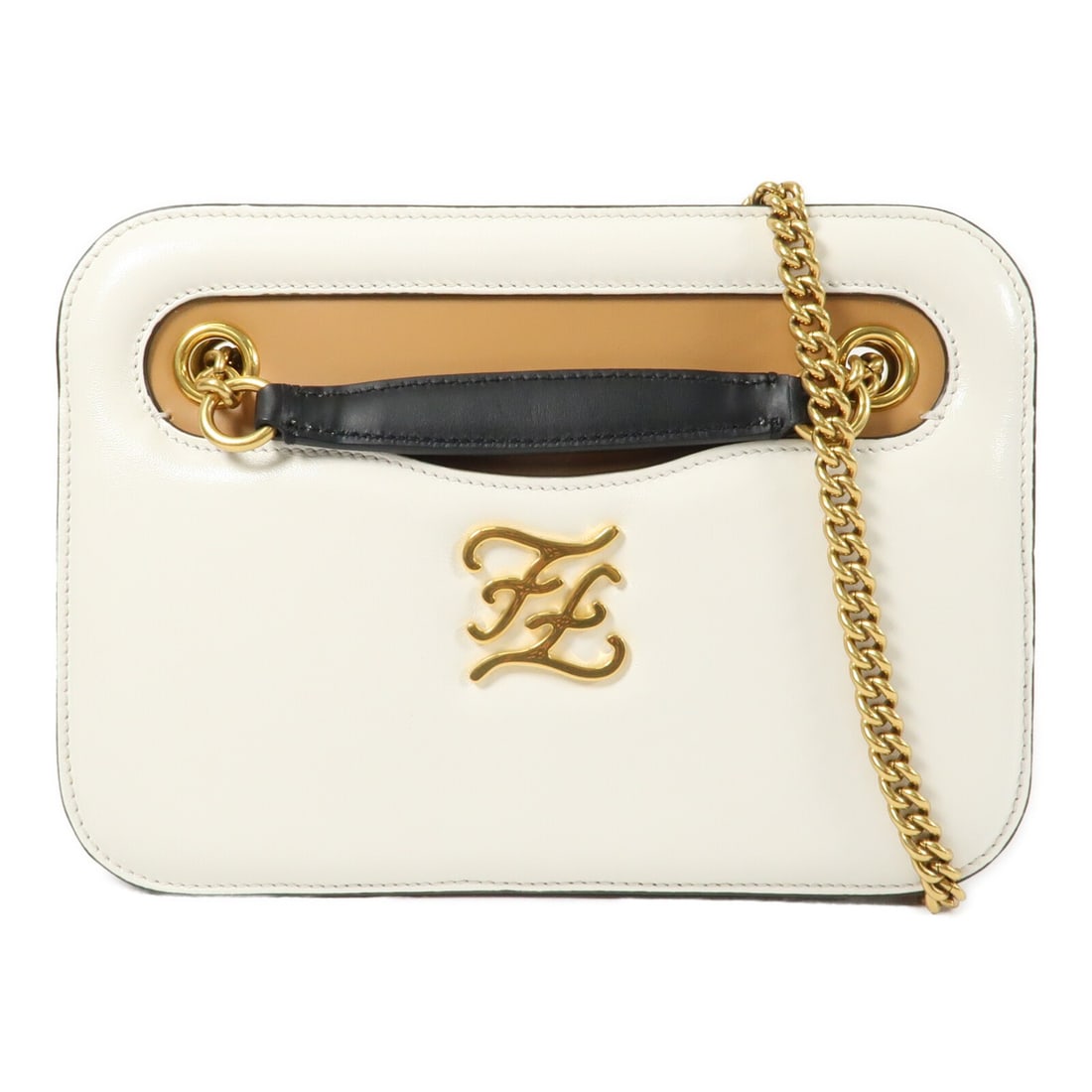 FENDI Karligraphy Pocket White Calfskin Shoulder Bag GHW: FENDI Karligraphy Pocket White Calfskin Shoulder Bag GHW Fendi Karligraphy Pocket Shoulder Bag in white calfskin leather with brown accents and gold-tone hardware. This women's shoulder bag is made in