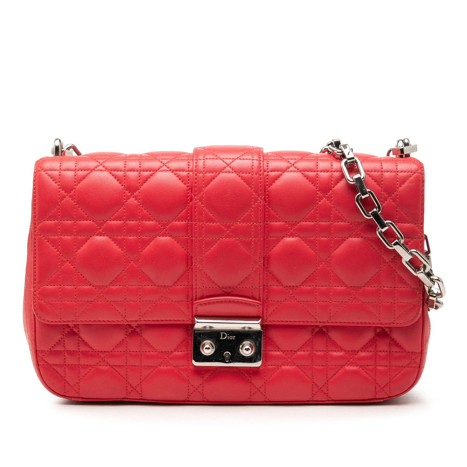 Dior Miss Dior medium orange lambskin cannage shoulder bag: Dior Miss Dior medium orange lambskin cannage shoulder bag Medium Miss Dior Flap shoulder bag in orange quilted lambskin leather with Cannage detailing. It features a silver-tone chain link shoulder s
