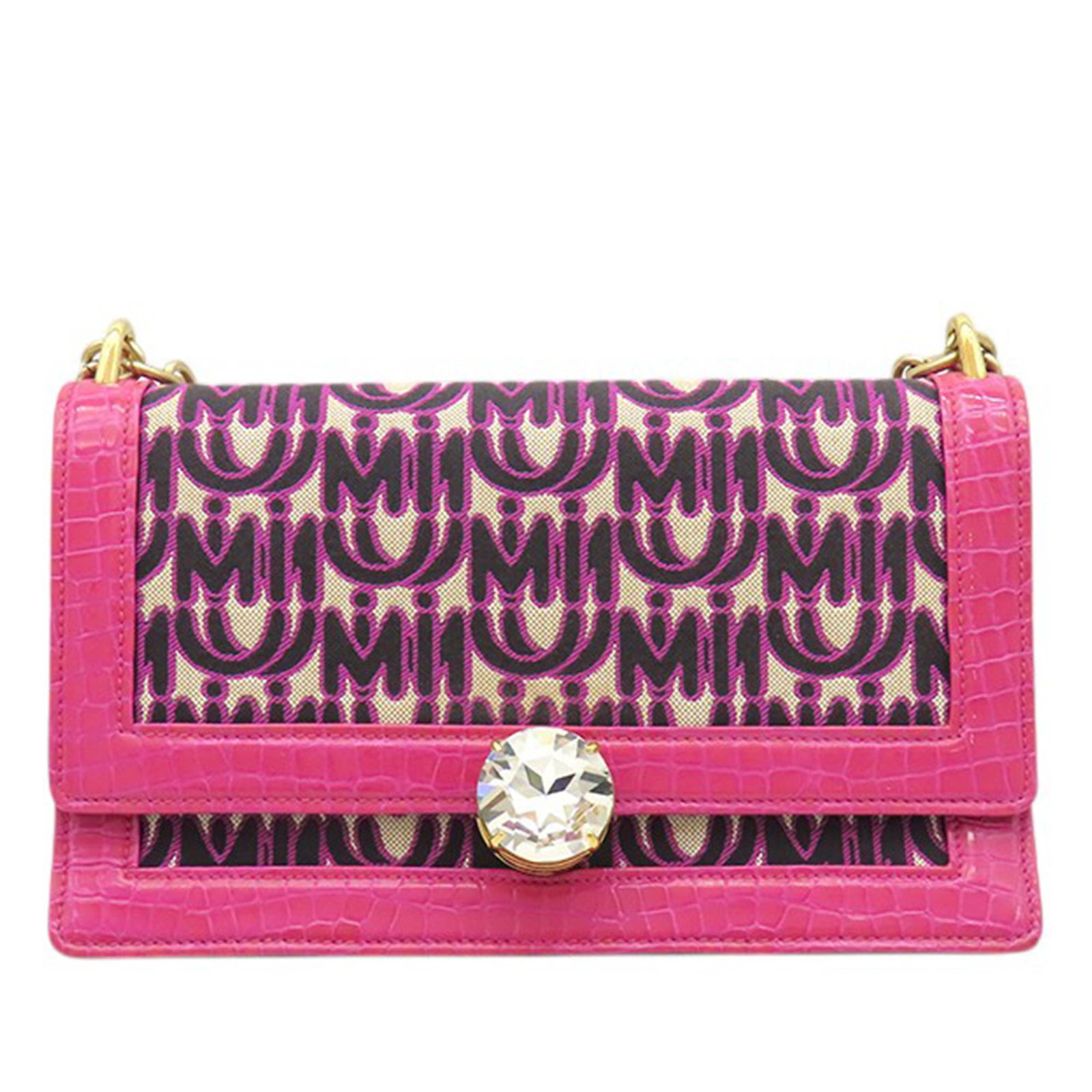 Miu Miu MM Paris Emiuticon pink jacquard patent leather crossbody bag: Miu Miu MM Paris Emiuticon pink jacquard patent leather crossbody bag Miu Miu MM Paris Emiuticon crossbody bag in pink monogram jacquard canvas with croc embossed patent leather trim. It features a cu