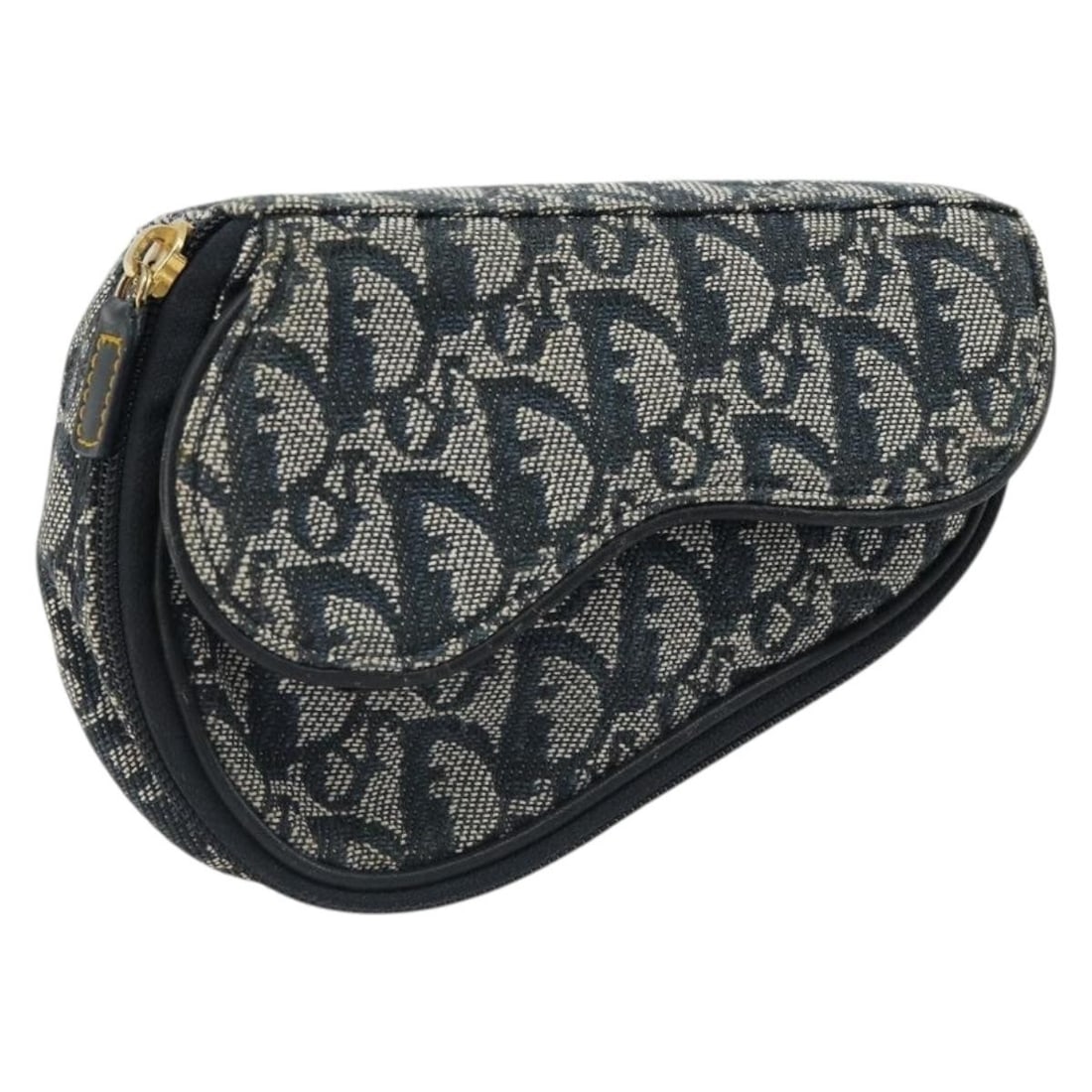 Christian Dior Saddle Pouch in Navy Gold Trotter Canvas: Christian Dior Saddle Pouch in Navy Gold Trotter Canvas Christian Dior pouch crafted in Trotter canvas with a navy and gold colorway. Made in Italy, this mens style pouch measures approximately 15 cm 