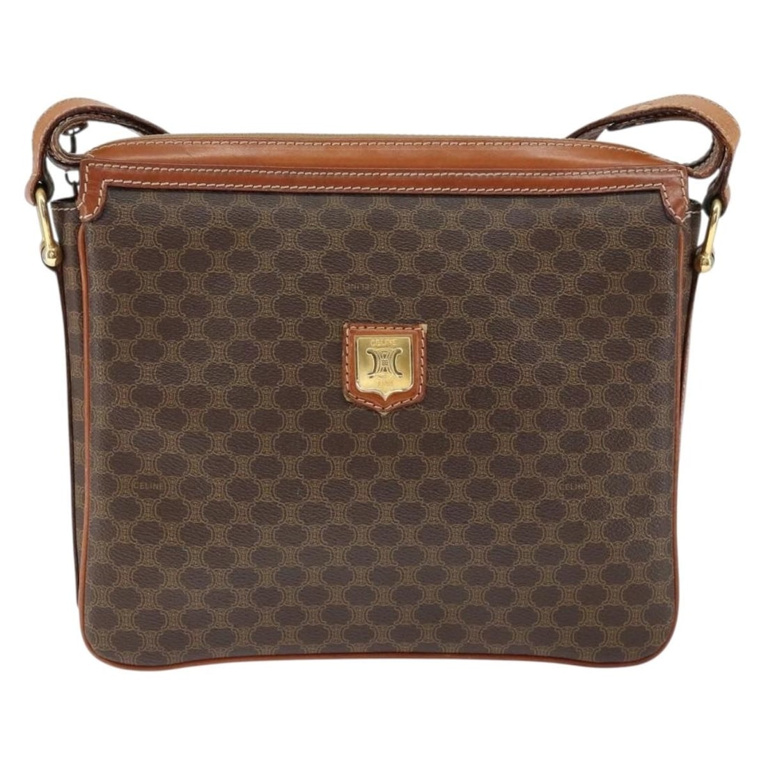 Celine Macadam Brown Canvas Shoulder Bag with Leather Trim: Celine Macadam Brown Canvas Shoulder Bag with Leather Trim The Celine Macadam shoulder bag is crafted from durable canvas in a classic brown hue, designed specifically for women. Featuring the iconic 