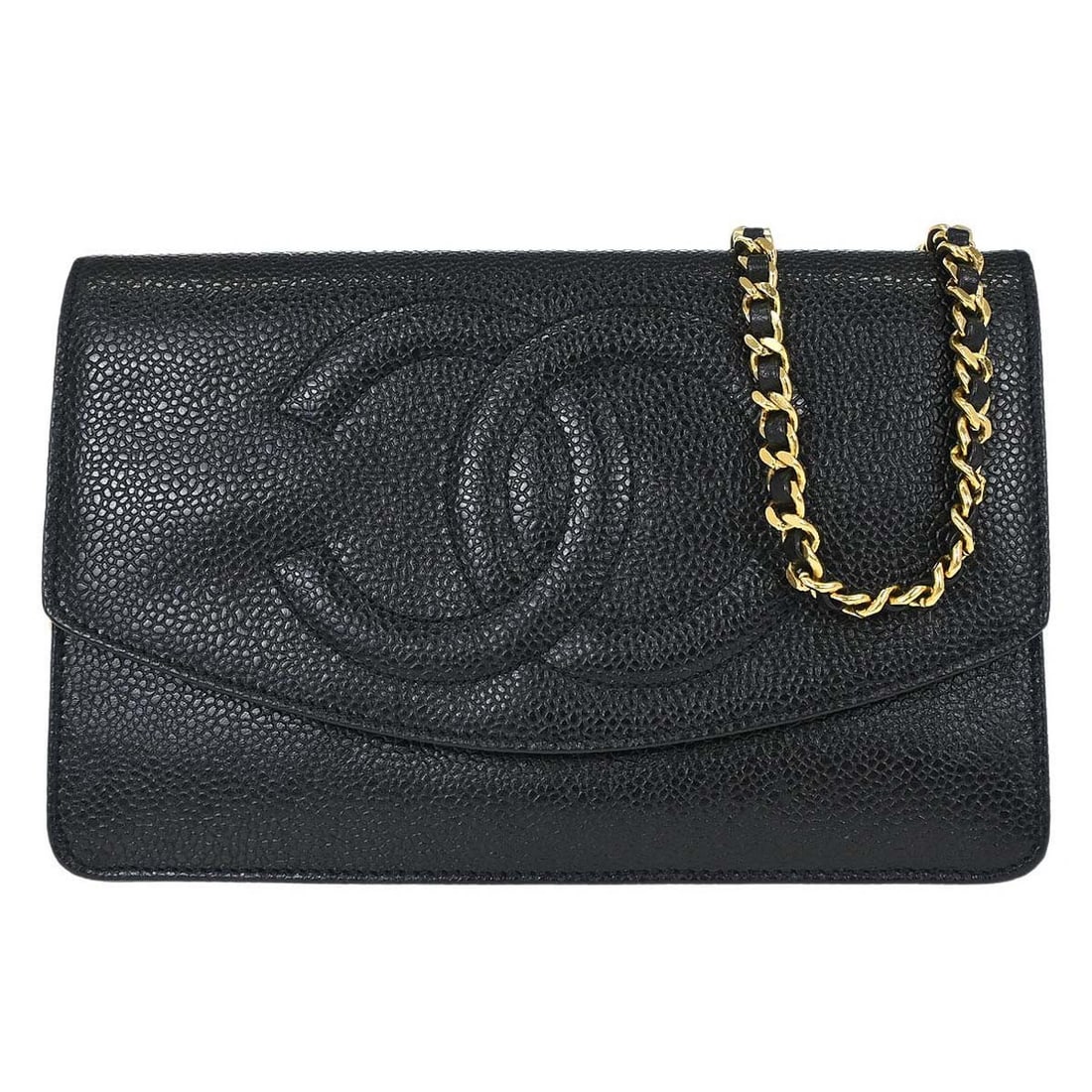 Chanel Timeless WOC black caviar leather wallet on chain: Chanel Timeless WOC black caviar leather wallet on chain Chanel Timeless Wallet on Chain in black caviar skin leather. This women's wallet features a folding design with a chain shoulder strap and inc