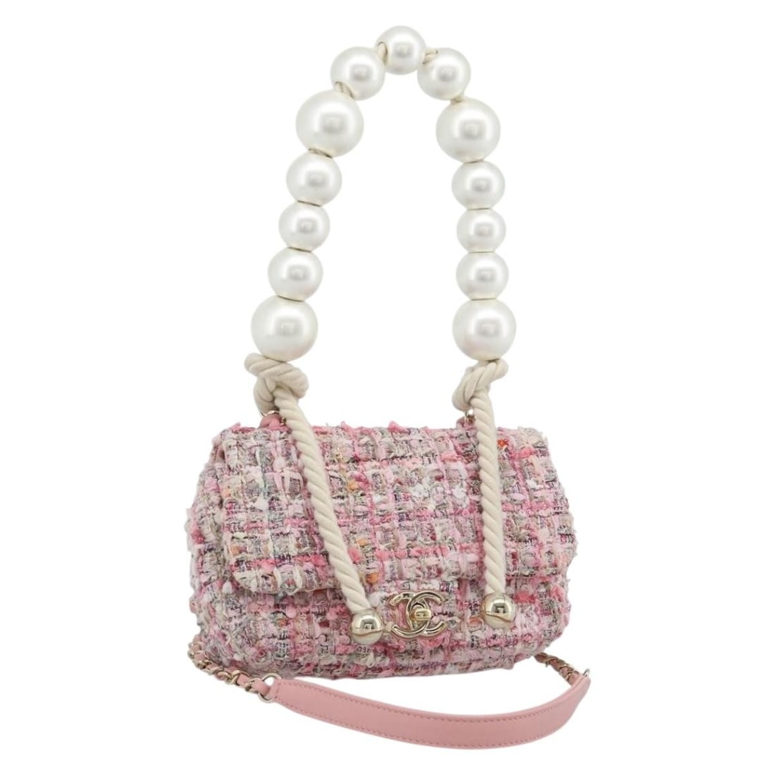 Chanel CC 2way Tweed Shoulder Bag Pink Gold Cotton: Chanel CC 2way Tweed Shoulder Bag Pink Gold Cotton A CHANEL 2-way shoulder bag in pink and gold, made from cotton and crafted in Italy. It features a shoulder bag style with an approximate size of W18