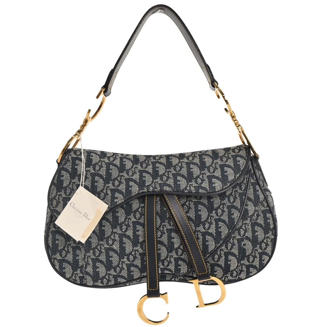 Dior Trotter Double Saddle Shoulder Bag in Navy Canvas Leather: Dior Trotter Double Saddle Shoulder Bag in Navy Canvas Leather A Christian Dior Trotter Double Saddle handbag in navy and white, crafted from canvas and leather. It features a saddle bag style, should