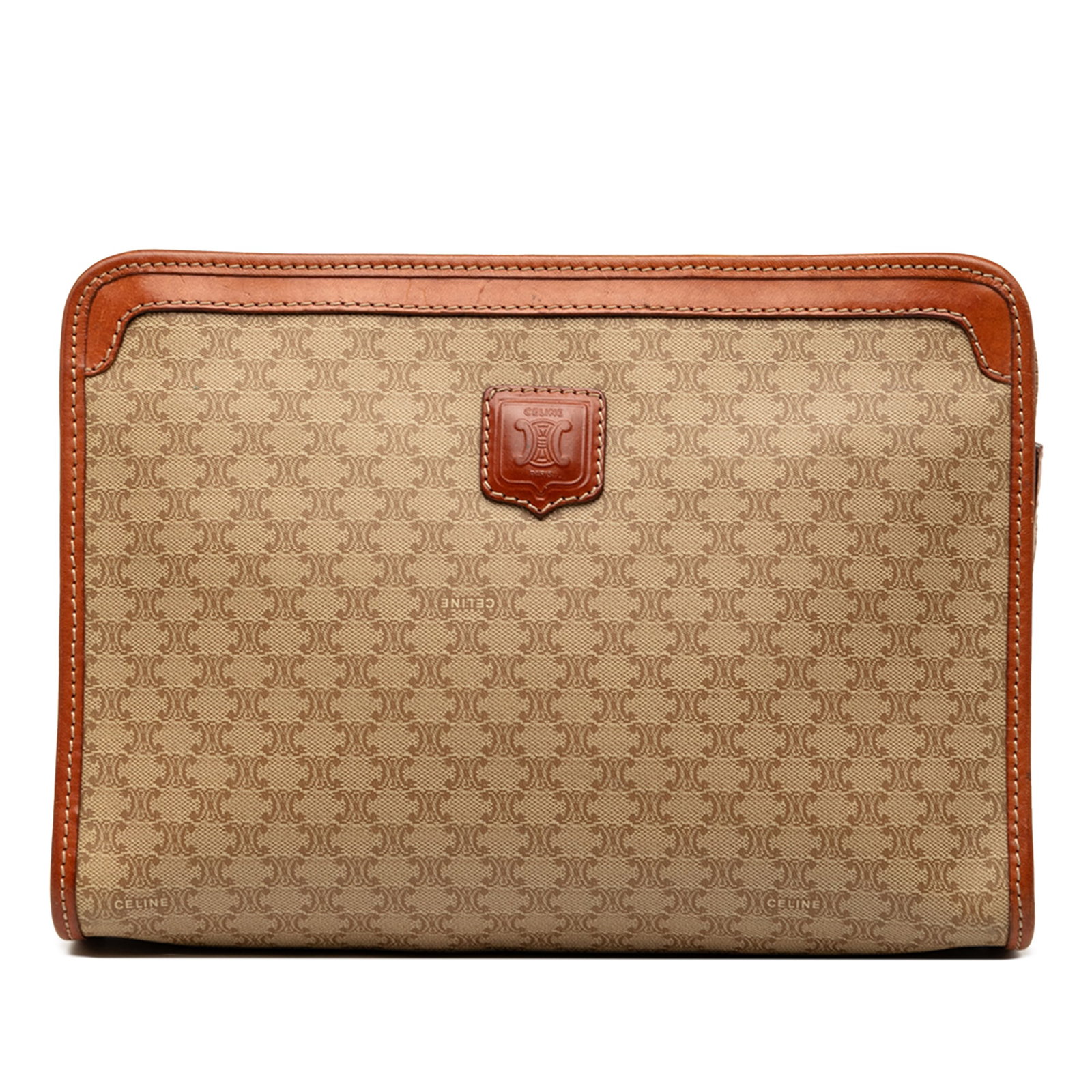 Celine Macadam Clutch Bag in Coated Canvas and Leather: Celine Macadam Clutch Bag in Coated Canvas and Leather Celine Macadam coated canvas clutch with leather trim and a top zip closure. The interior includes a zip pocket. Condition is B+ with visible wea