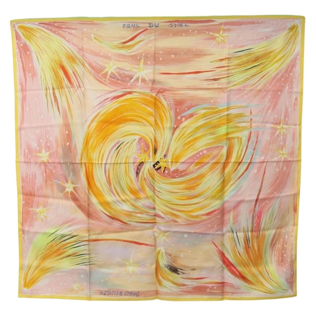 Hermes Feux du Ciel Carre 90 Silk Scarf Pink France: Hermes Feux du Ciel Carre 90 Silk Scarf Pink France Hermes Carre 90 scarf in pink silk, featuring the FEUX DU CIEL design. Made in France, this women's scarf measures approximately 90 cm by 90 cm (35.