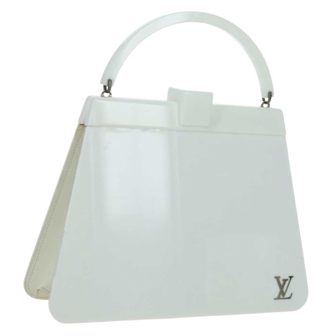 Louis Vuitton White Plastic Hand Bag with Dust Bag France: Louis Vuitton White Plastic Hand Bag with Dust Bag France Louis Vuitton women's hand bag in white plastic, made in France. The bag measures approximately 26 cm wide, 19 cm high, and 7 cm deep, with a 