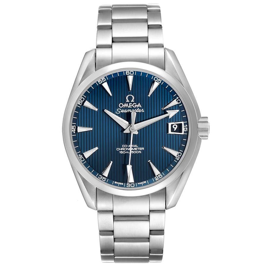 Omega Seamaster Aqua Terra mens watch blue dial steel bracelet 231.10.39.21.03.001: Omega Seamaster Aqua Terra mens watch blue dial steel bracelet 231.10.39.21.03.001 Omega Seamaster Aqua Terra wristwatch featuring a blue teak vertical pattern dial, a smooth bezel, and a stainless st