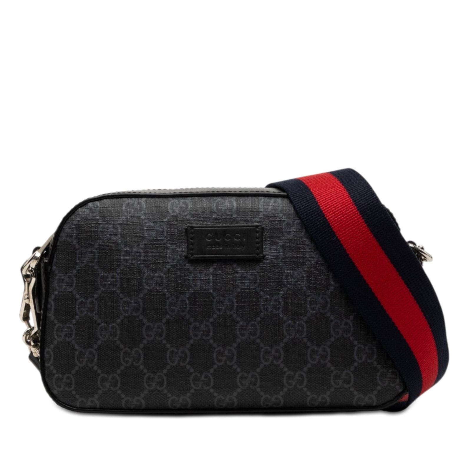 Gucci GG Supreme Web crossbody bag coated canvas black: Gucci GG Supreme Web crossbody bag coated canvas black Gucci GG Supreme Web Crossbody bag with a coated canvas body, leather trim, flat web strap, top zip closure, exterior front zip pocket, and inter