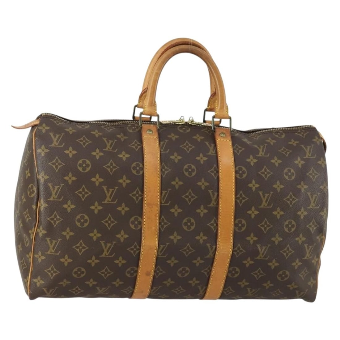 Louis Vuitton Monogram Canvas Keepall Unisex Travel Bag Brown 45cm: Louis Vuitton Monogram Canvas Keepall Unisex Travel Bag Brown 45cm This Louis Vuitton Keepall Bag features the iconic Monogram Canvas design in brown and is suitable for unisex use. Crafted from durab