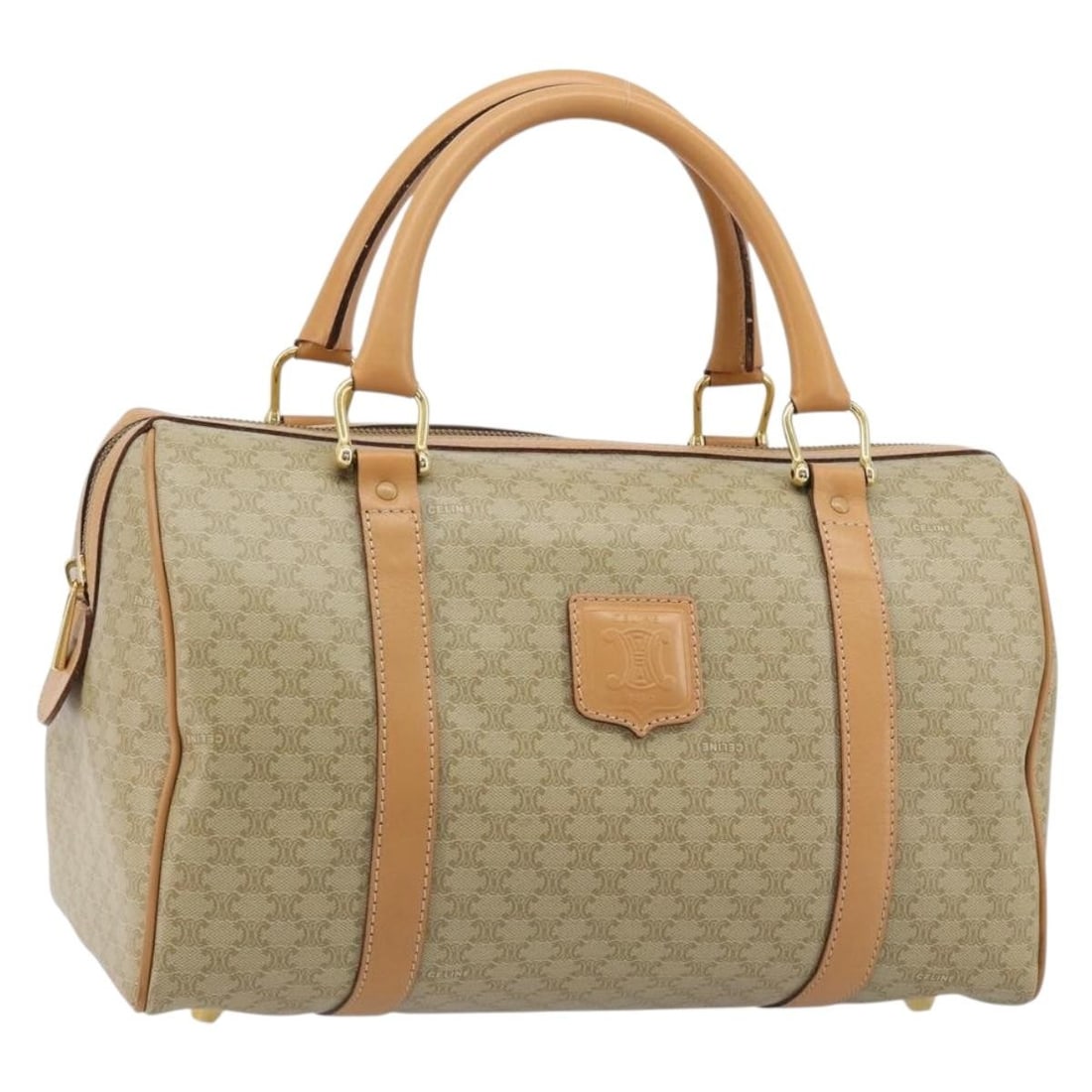 CELINE Macadam Canvas PVC Leather Hand Bag Beige Gold Italy: CELINE Macadam Canvas PVC Leather Hand Bag Beige Gold Italy A CELINE hand bag in beige and gold, made from PVC leather and Macadam canvas. It features a structured shape and was made in Italy. The ite