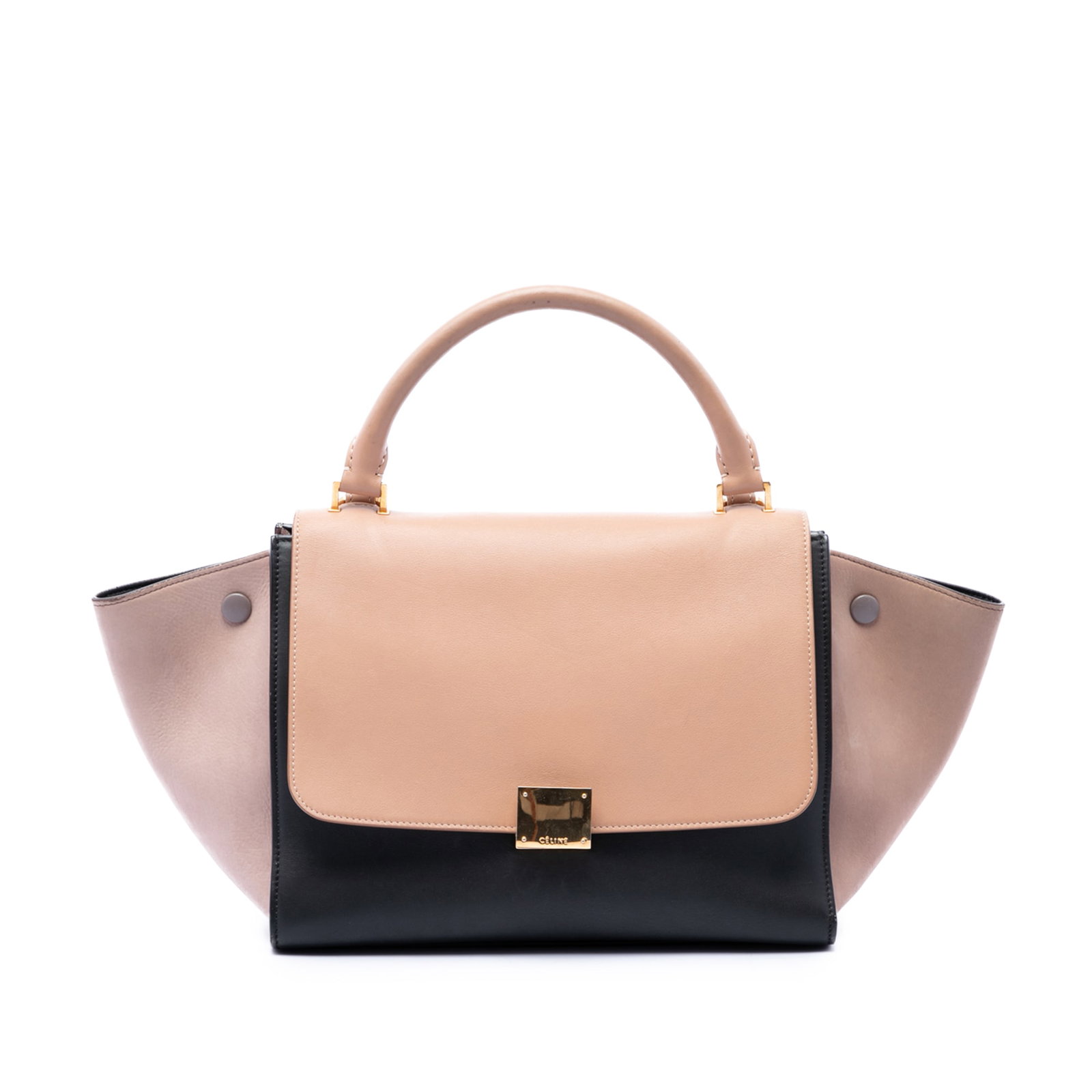 Celine Trapeze Small Tricolor Leather Satchel Bag: Celine Trapeze Small Tricolor Leather Satchel Bag Celine Small Tricolor Leather Trapeze Satchel crafted in leather with a structured silhouette. This satchel features a rolled top handle, front flap w