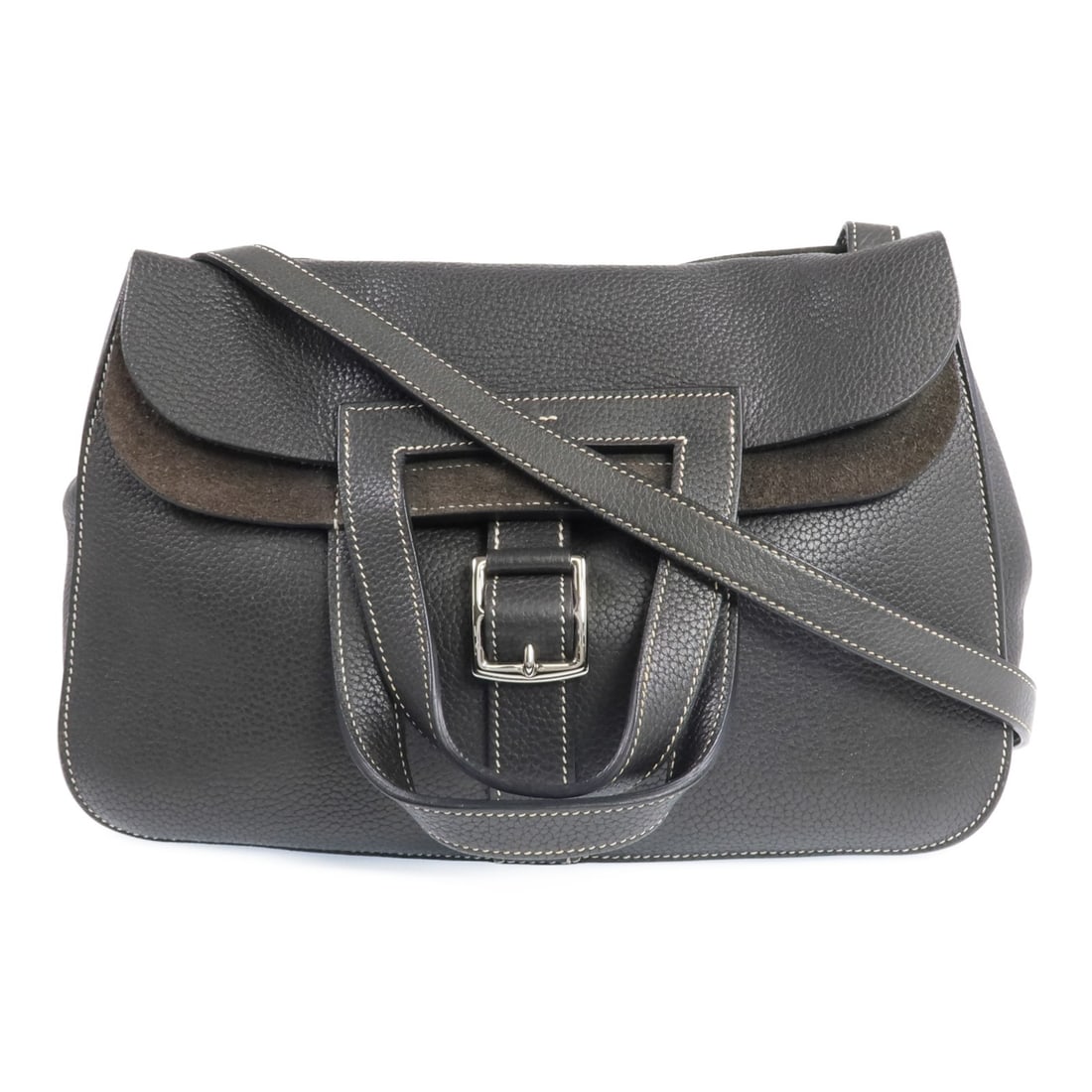 Hermes Halzan 31 Taurillon Clemence 2 Way Shoulder Bag Graphite Gray: Hermes Halzan 31 Taurillon Clemence 2 Way Shoulder Bag Graphite Gray Hermes Halzan 31 2 Way Shoulder Bag in Graphite and Gray, crafted from Taurillon Clemence and calfskin (cowhide). This women's bag 