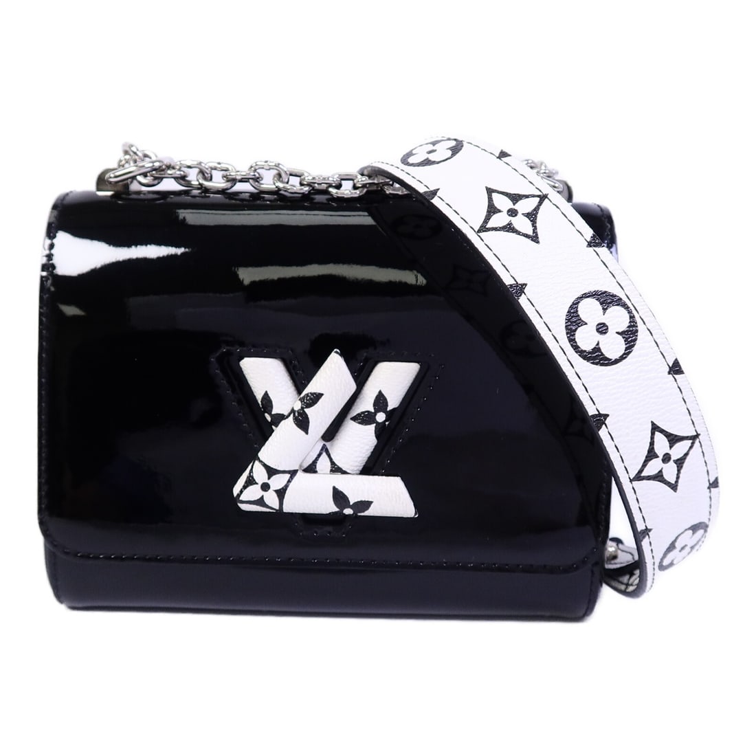 Louis Vuitton Twist PM M54243 patent leather shoulder bag black: Louis Vuitton Twist PM M54243 patent leather shoulder bag black Louis Vuitton Twist PM shoulder bag in black patent leather with LV silver-tone hardware. This women's shoulder bag features a turn-lock